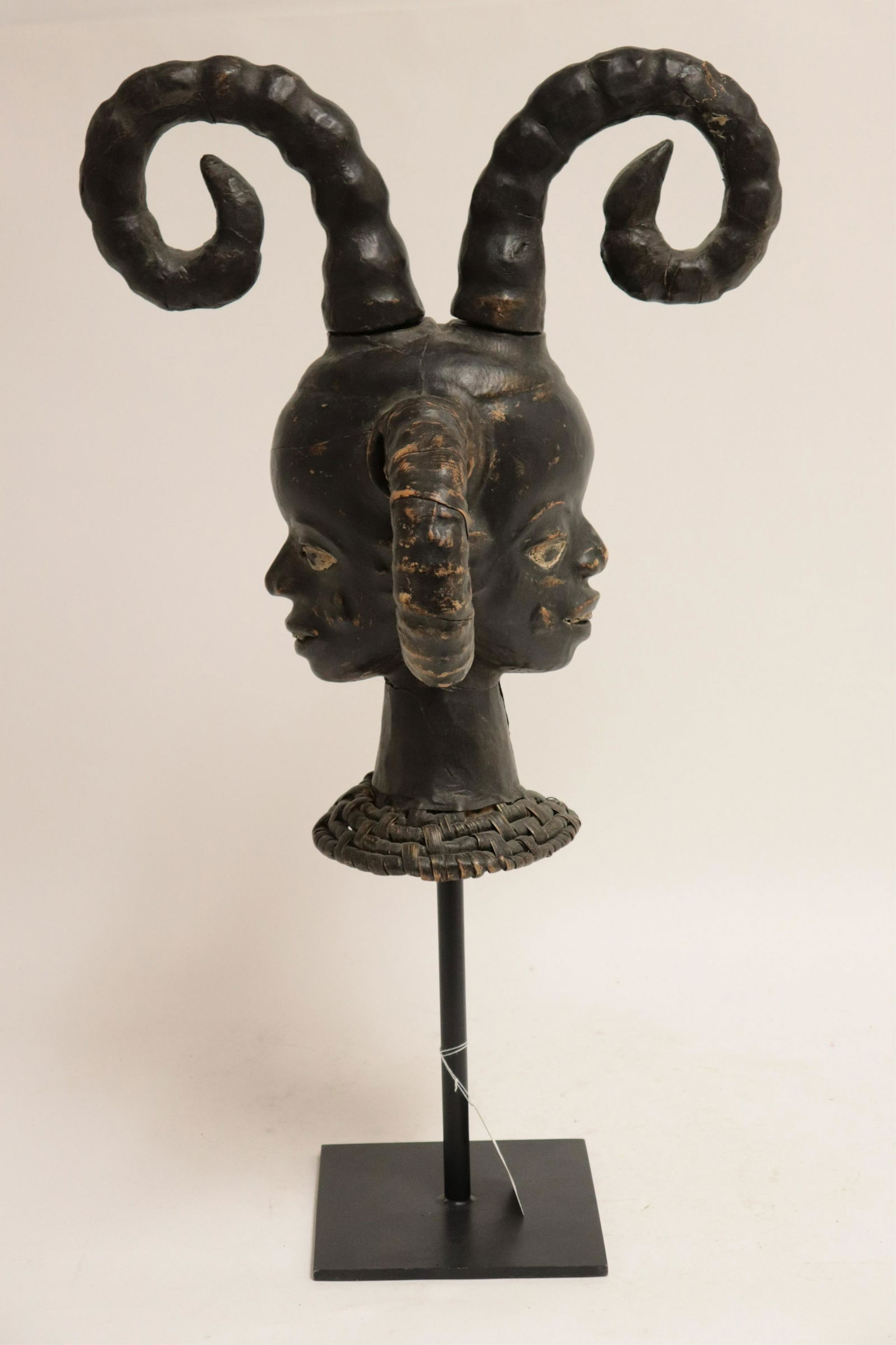 Ejagham "Ekai" Black Goat Skin Crest Mask on Stand (1 of 4)