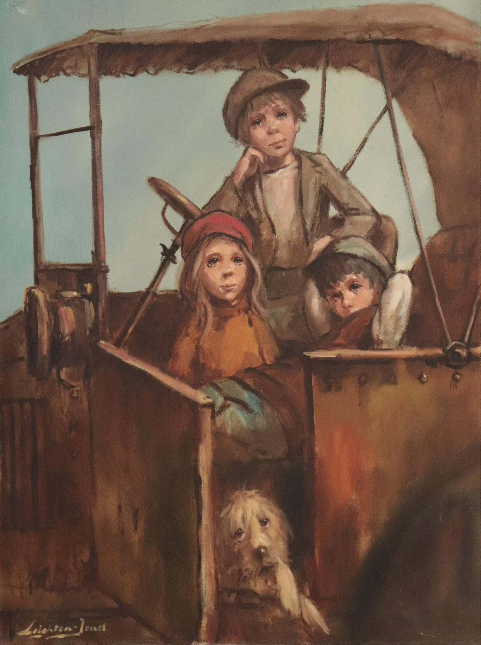 Barry Leighton-Jones - Day Out with the Gang: Barry Leighton-Jones (British, 1932-2011). Oil on canvas depicting three children with dog in small car, circa 1975. Signed lower left. (HEAR589)(EL) Dimensions: 40x30" unframed Property from a fouth 