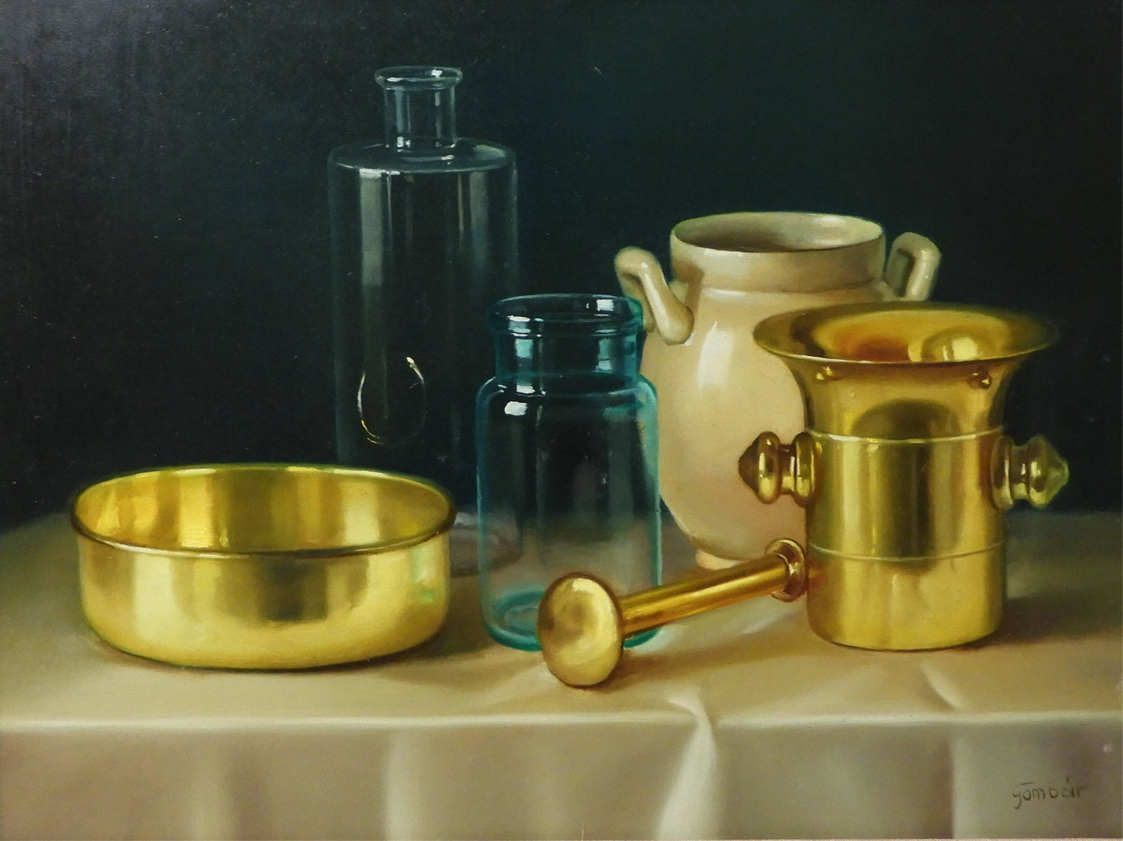 András Gombár - Still Life with Vessels: András Gombár (Hungarian, b. 1946). Oil on board, still life with vessels. Signed lower right. Property from a fourth generation gallery, NYC Dimensions: 12 x 16" framed: 19.5 x 23.5" (HEAR22)(EL)
