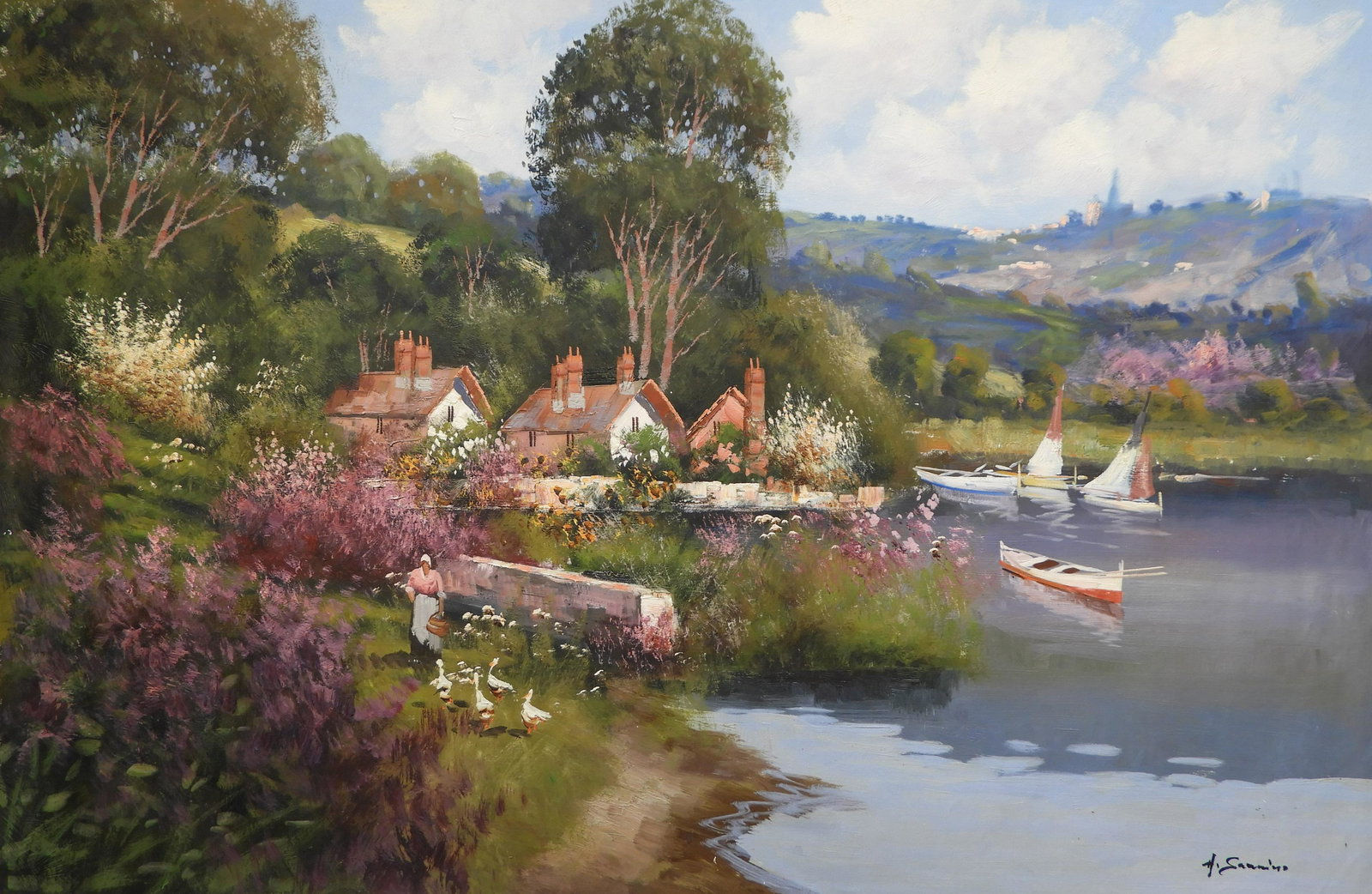 Antonio Sannino - Farm Near Lake: Antonio Sannino (Italian, b. 1956)Farm Blossom with Geese and Sail Boats, oil on canvas. Signed lower right. Property from a fourth generation gallery, NYC Dimensions: 24 x 36" unstretched (HEAR55)(EL