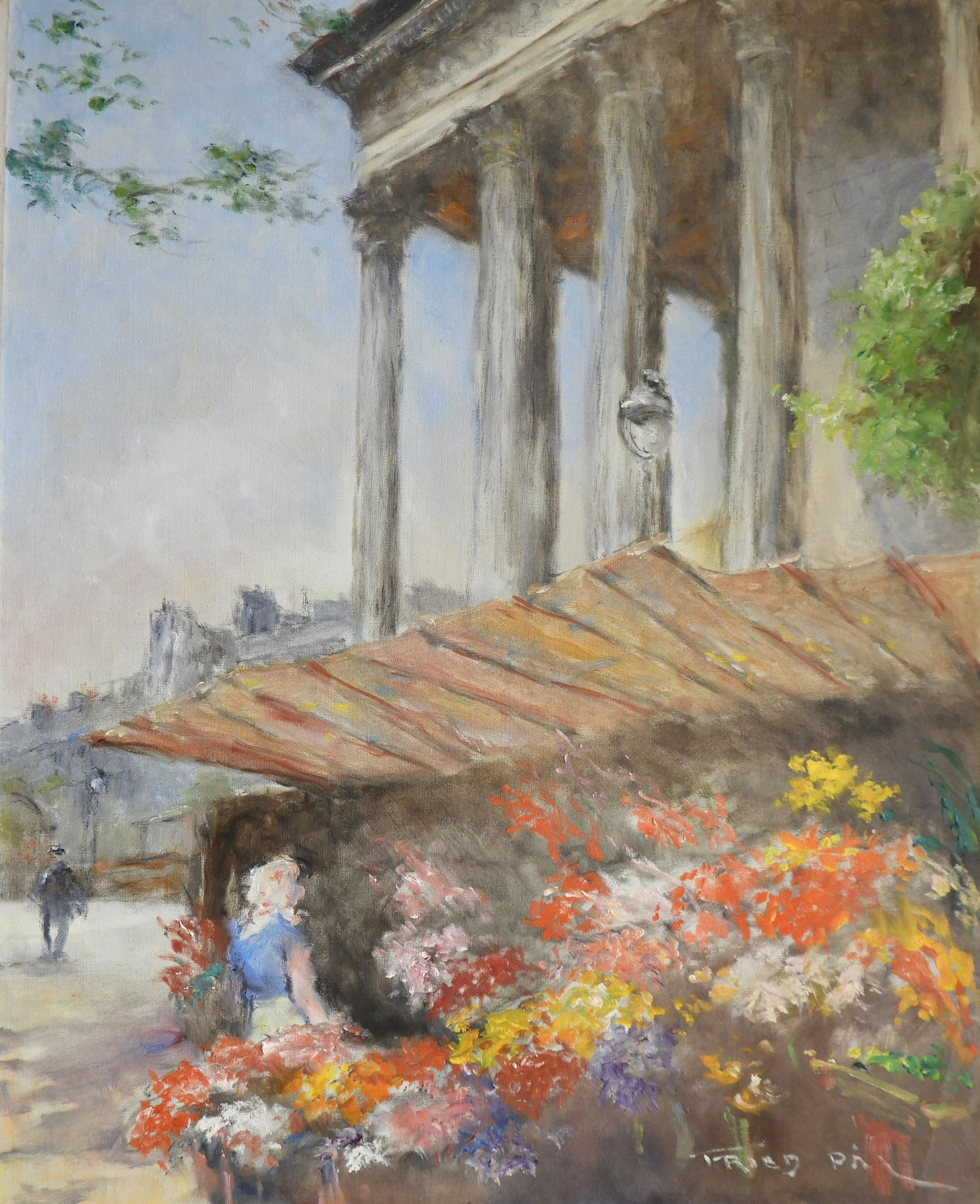 Pal Fried - Market Scene: Pal Fried (Hungarian American, 1893 - 1976) Oil on canvas depicting flower market by Madeleine in Paris. Signed lower right. Property from a fourth generation gallery, NYC Dimensions: 30 x 24" unframe