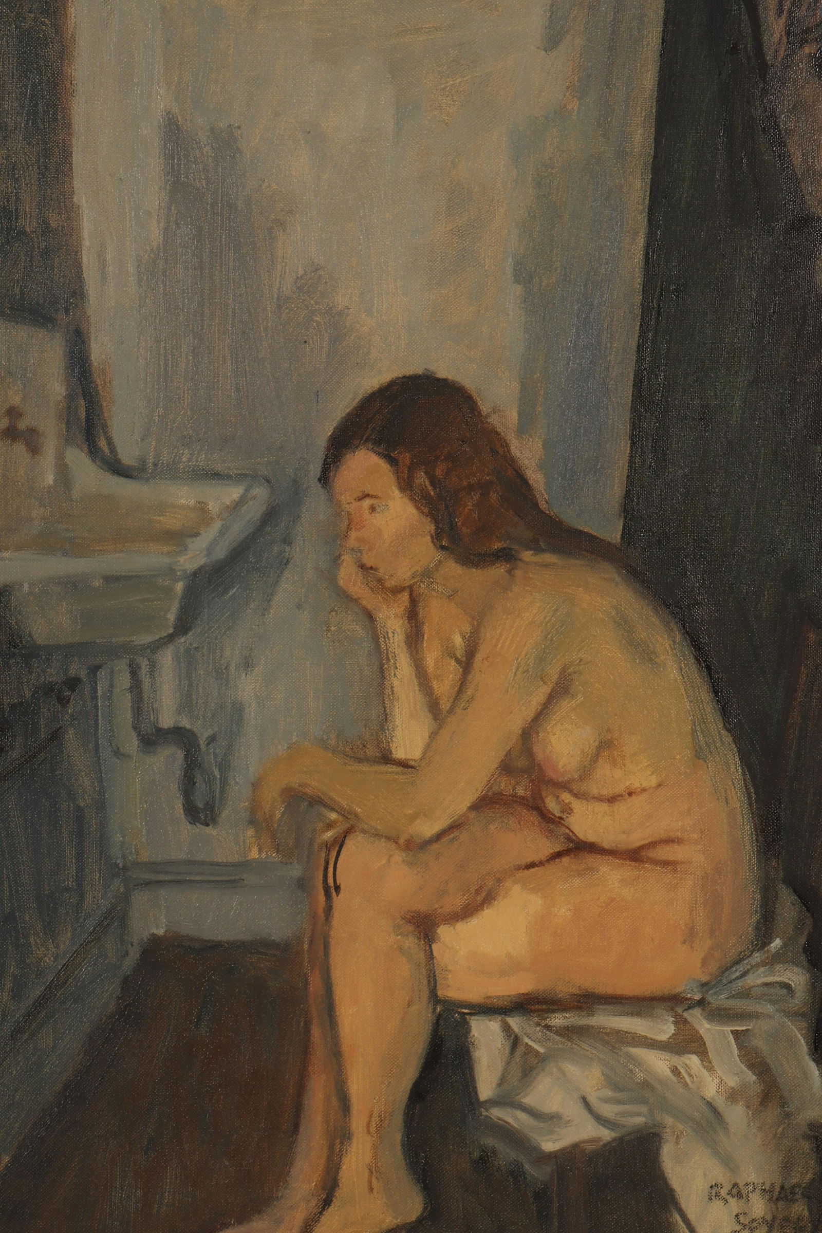 Raphael Soyer - Nude in Washroom, O/C: Raphael Soyer (Russsian American,1899-1987) Nude in Washroom, O/C, signed lower right From a Pawling New York Home Dimensions: 20 x 16, framed 23 1/2 x 19 1/2 (USPR6377)(MM)