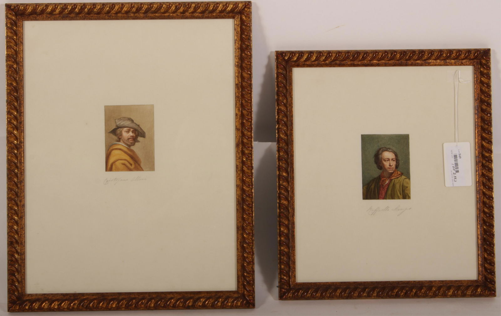 Pr 19th c Portraits Old Masters Mengs Allori W/C's: one of Anton Raphael Mengs after his self-portrait, the second after Cristofano Allori's self portrait, both originals in the Uffizi Galleries, these well done 19th c. Grand Tour watercolors, unsigned