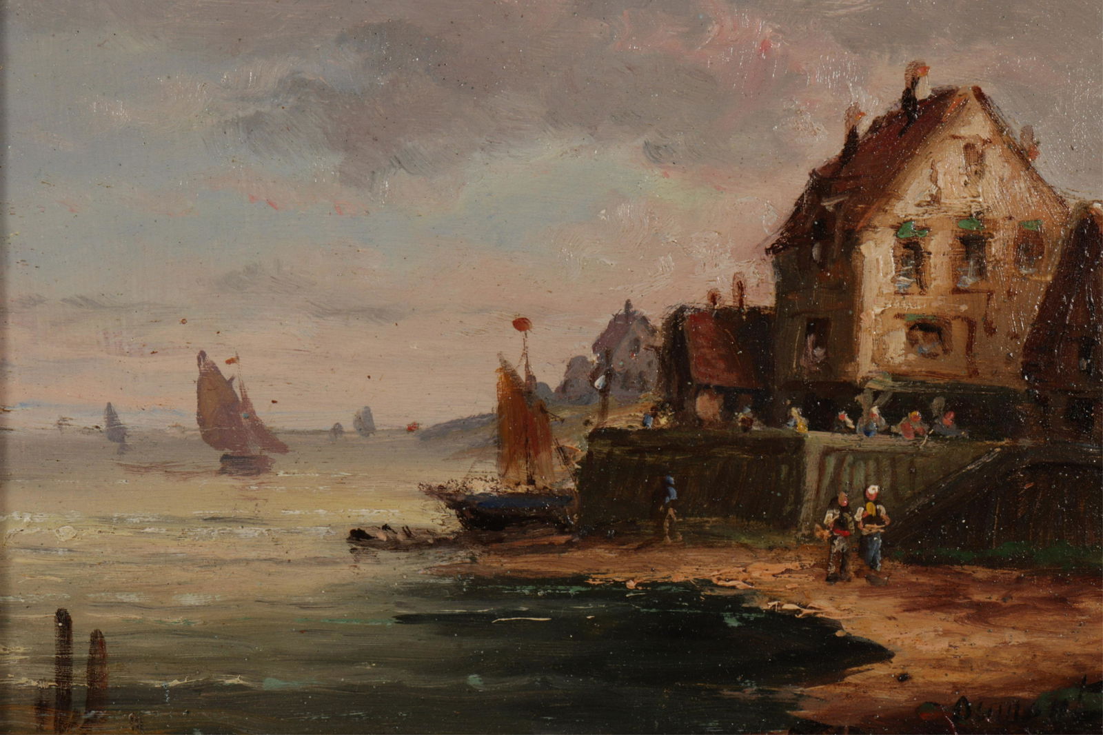 Eur. Sch. Houses at Shore, O/B, signed Dumont (1 of 7)