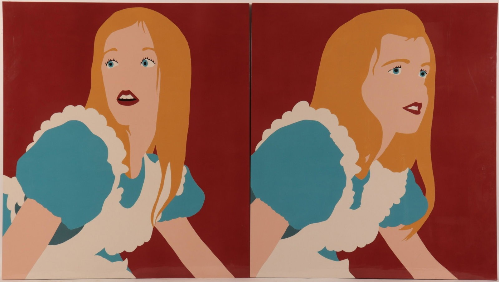 Blake Boyd - Apprehensive, 2002: Blake Nelson Boyd (American, b. 1970). Laquer on board diptych of Alice in Wonderland titled "Apprehensive" Signed, titled and dated on verso. Dimensions: 54" x 48" each. (JMAN685)(EL)
