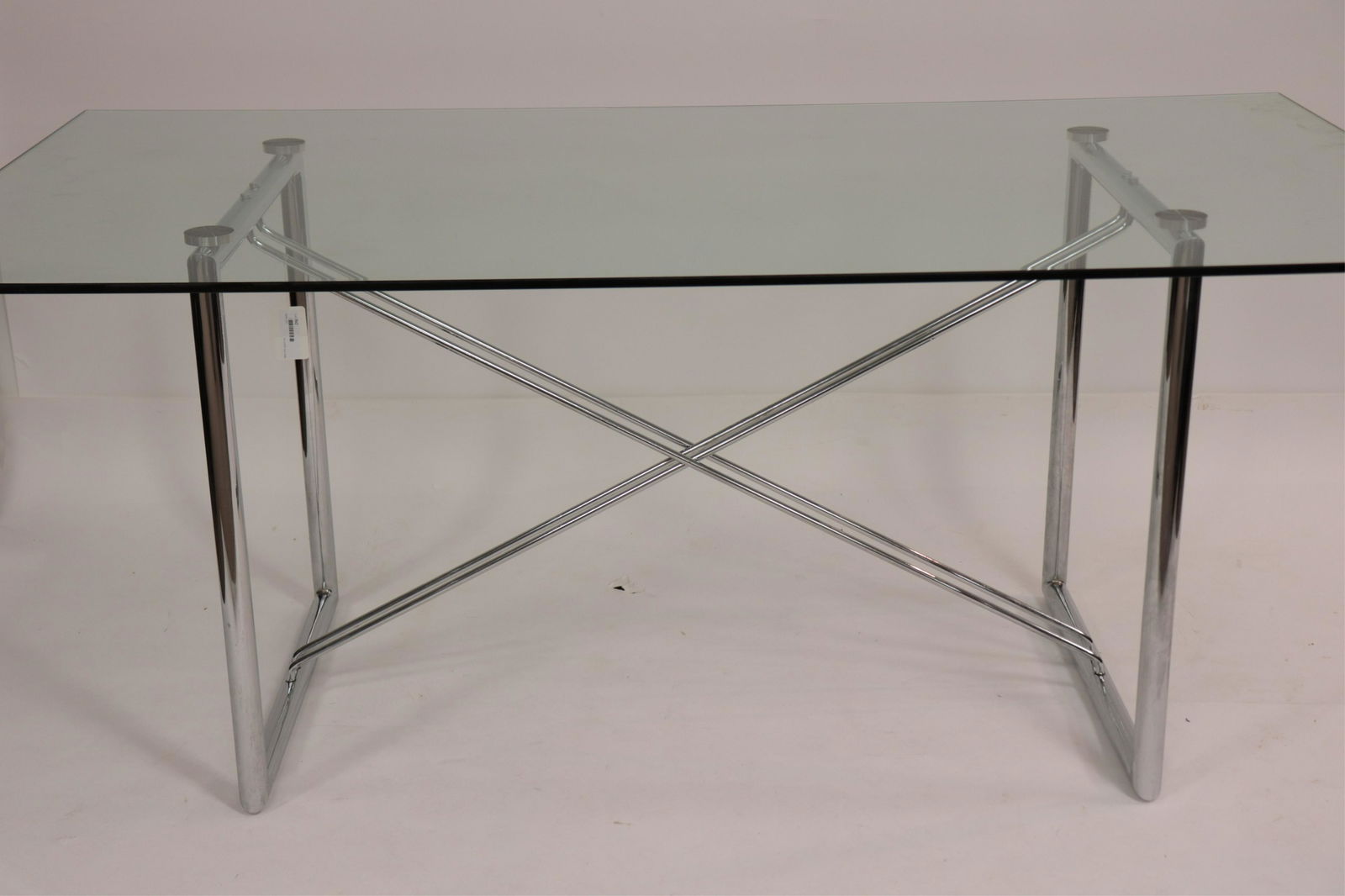 Contemporary Chrome & Glass Dining Table: Contemporary Chrome & Glass Dining Table, possibly Brueton Dimensions: 30" H x 40" W x 72" L (BIRD362)(MS)