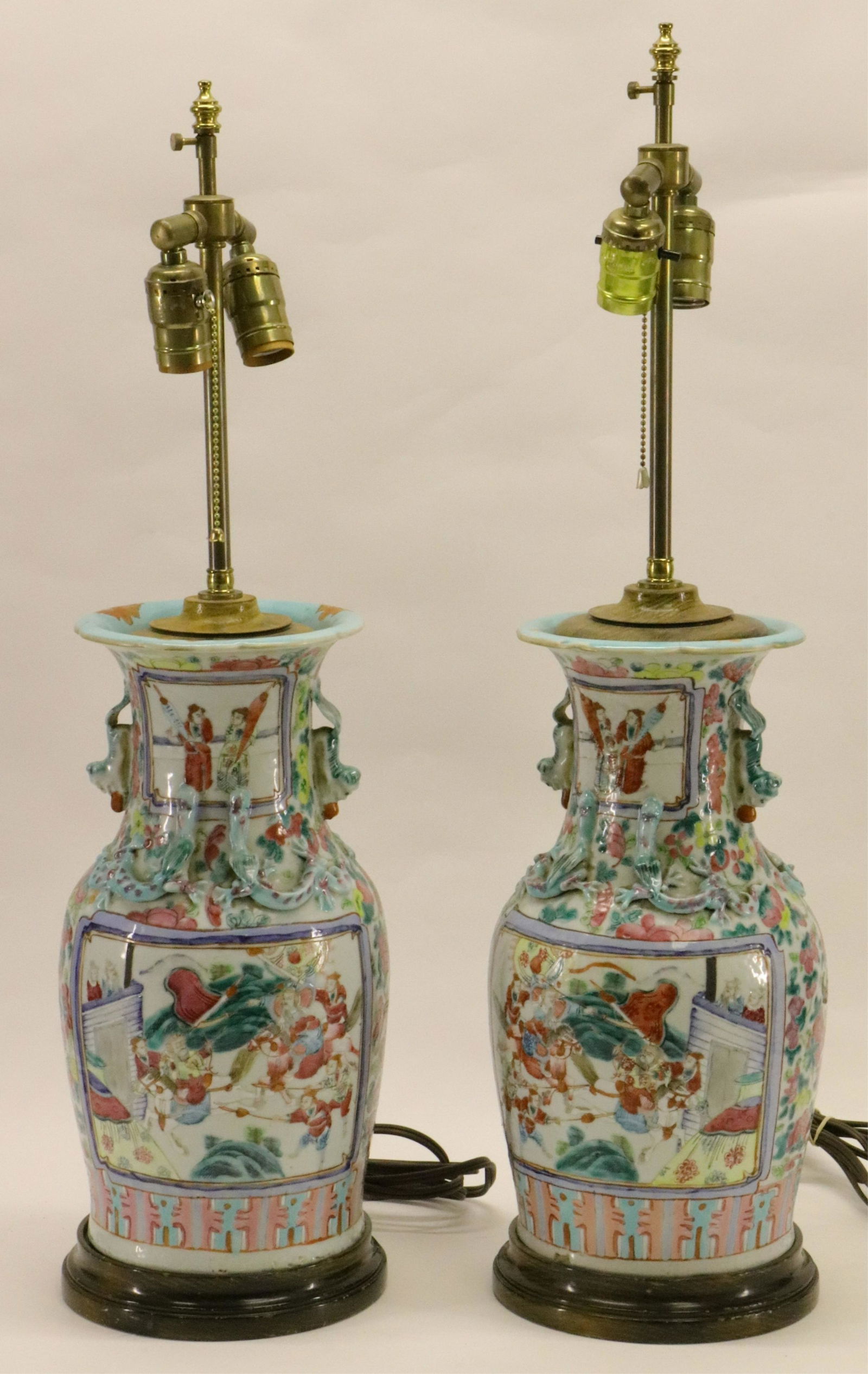 Pair of Famille Rose Vases Mounted as Lamps (1 of 6)