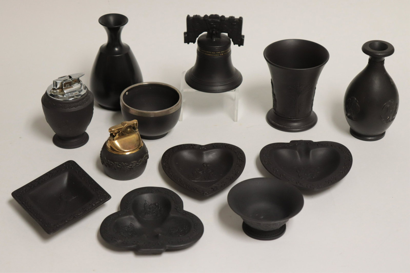 12 Wedgwood Black Basalt Smalls: 12 Wedgwood Black Basalt Smalls, all with impressed marks & Made in England except for plain small bowl with English silver rim (12 pc.) Part II from a major collection of Wedgwood, Long Island, NY Di