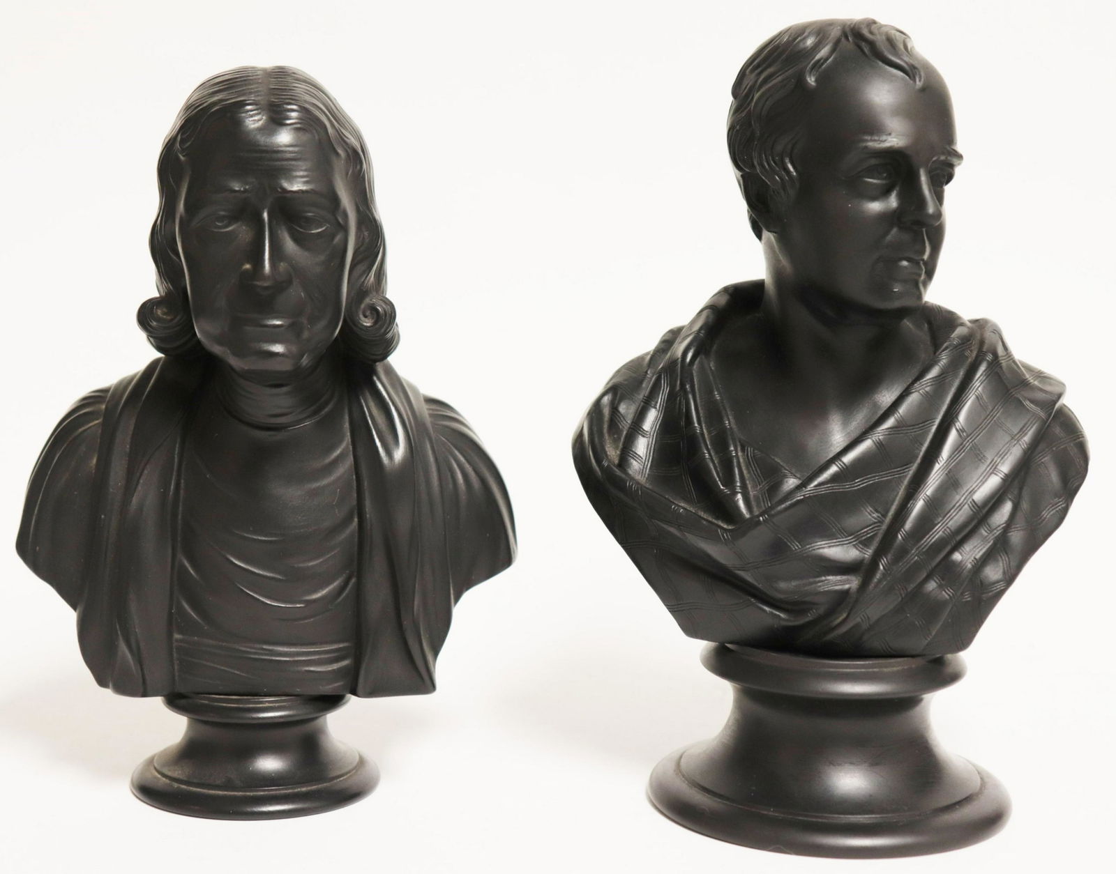 2 Wedgwood Black Basalt Busts, Wesley & Scott: 2 Wedgwood Black Basalt Busts, John Wesley and Sir Walter Scott, both with impressed marks and both bolted to a socle (2 pc.) Part II from a major collection of Wedgwood, Long Island, NY Dimensions: 8