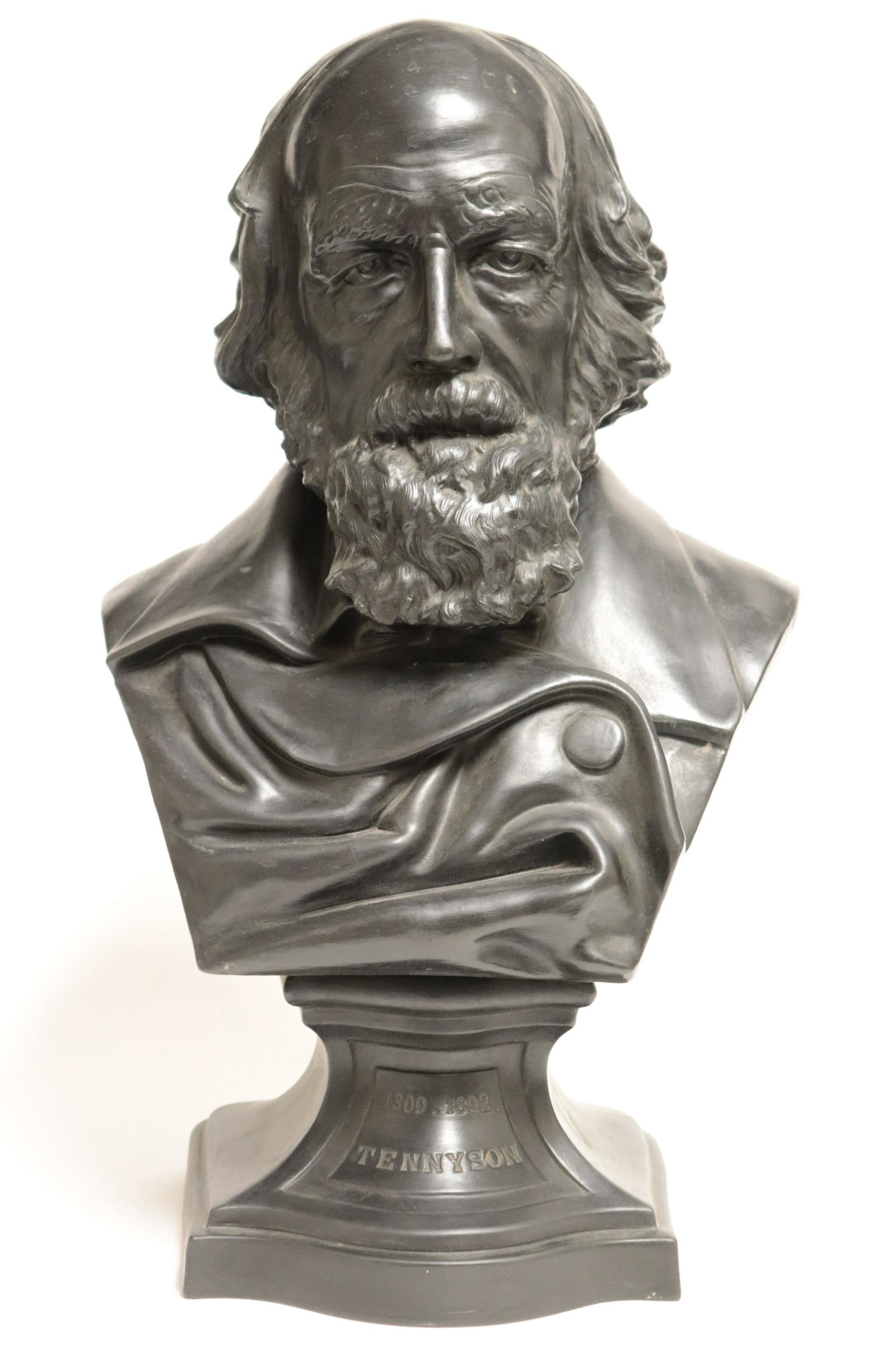 Wedgwood Black Basalt Bust of Lord Tennyson: Wedgwood Black Basalt Bust of Lord Tennyson, impressed mark, bolted to a socle Part II from a major collection of Wedgwood, Long Island, NY Dimensions: 18 1/2" H x 11 1/2" (ZWED4667)(WT)