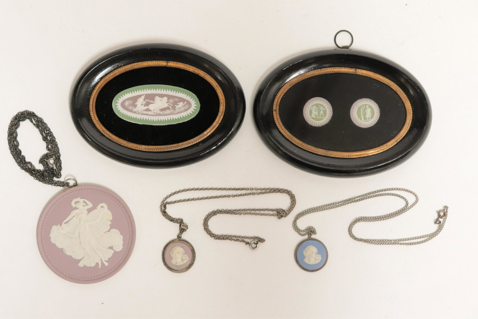 5 Very Small Wedgwood Medallion/Cameos: 5 Very Small Wedgwood Medallion/Cameos, 3 tri-color, lavender, green & white, impressed mark on single, other back not visible, other 3 with impressed mark & Made in England (5 pc.) Part II from a maj