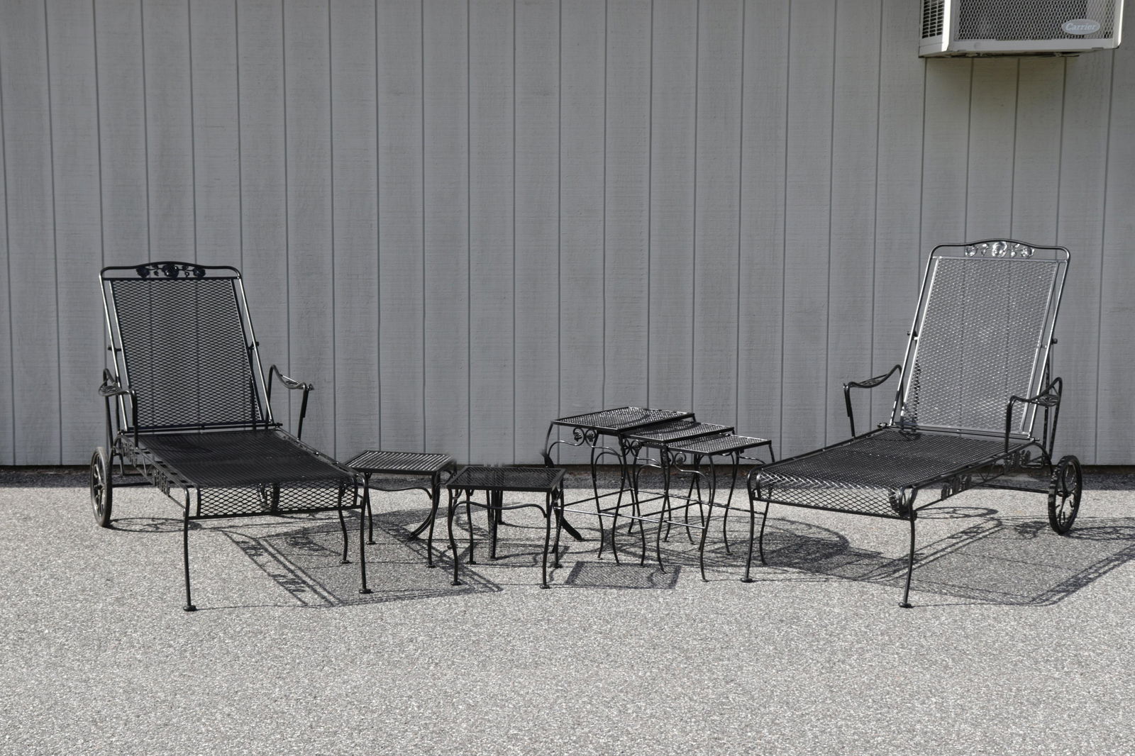 Russell Woodard Chaise & Tables: Pair of Russell Woodard chaises, 1 set of nesting tables and two low tables Dimensions: Chaise 60 x 31 with adjustable back, nesting table 19 1/2 x 18 1/2 x 12 1/2, low tables 14 x 15, dining table 36
