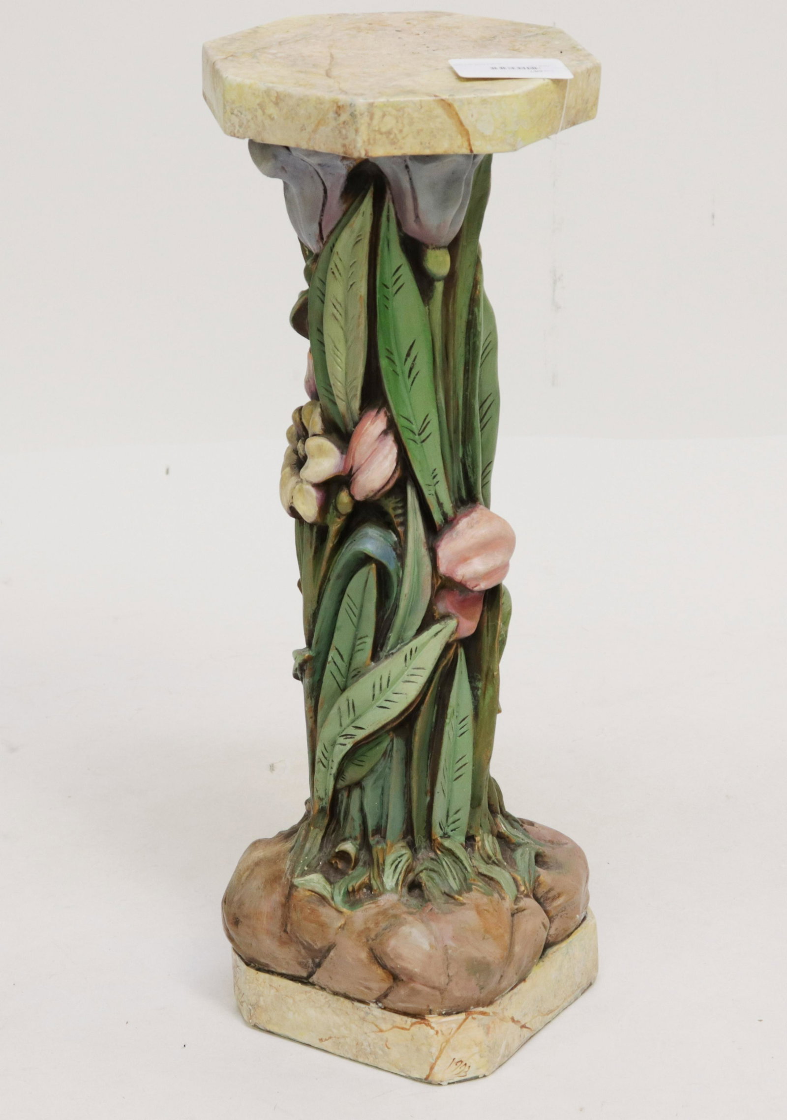 Faux Finished Octagonal Floral Stand: Faux Painted Octagonal and Floral Form Plaster Cast Stand Dimensions: 27 x 11 Property from a Roxbury, CT residence (JLOM7687)(MM)