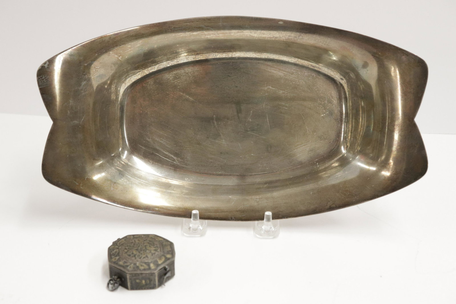 Tiffany Sterling Bread Tray & European Box: Tiffany & Co sterling silver bread tray and a small European silver niello octagonal box. 15.10 ozt Dimensions: 11.5" long and 2" sq Property from a Litchfield collection (LCA6666/2)(WT)