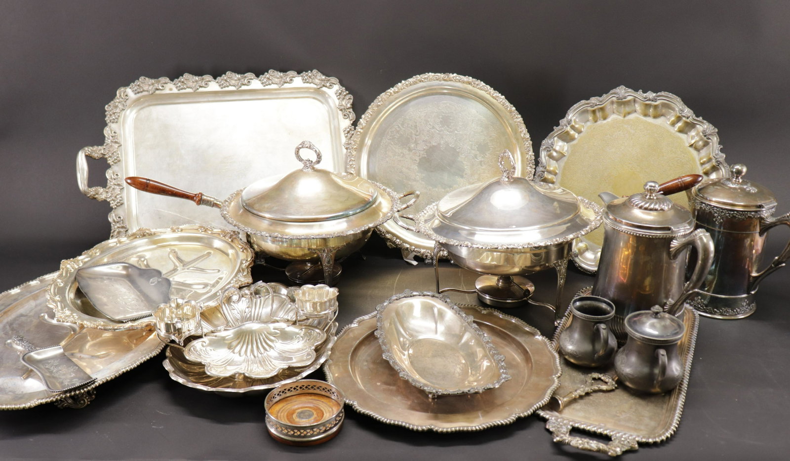 Large Lot of Silverplate: Includes trays, platters, casseroles, pitcher Dimensions: largest tray 26 x 17 Property from a Park Slope, Brooklyn Estate (LIEB6824/lot)(WT)