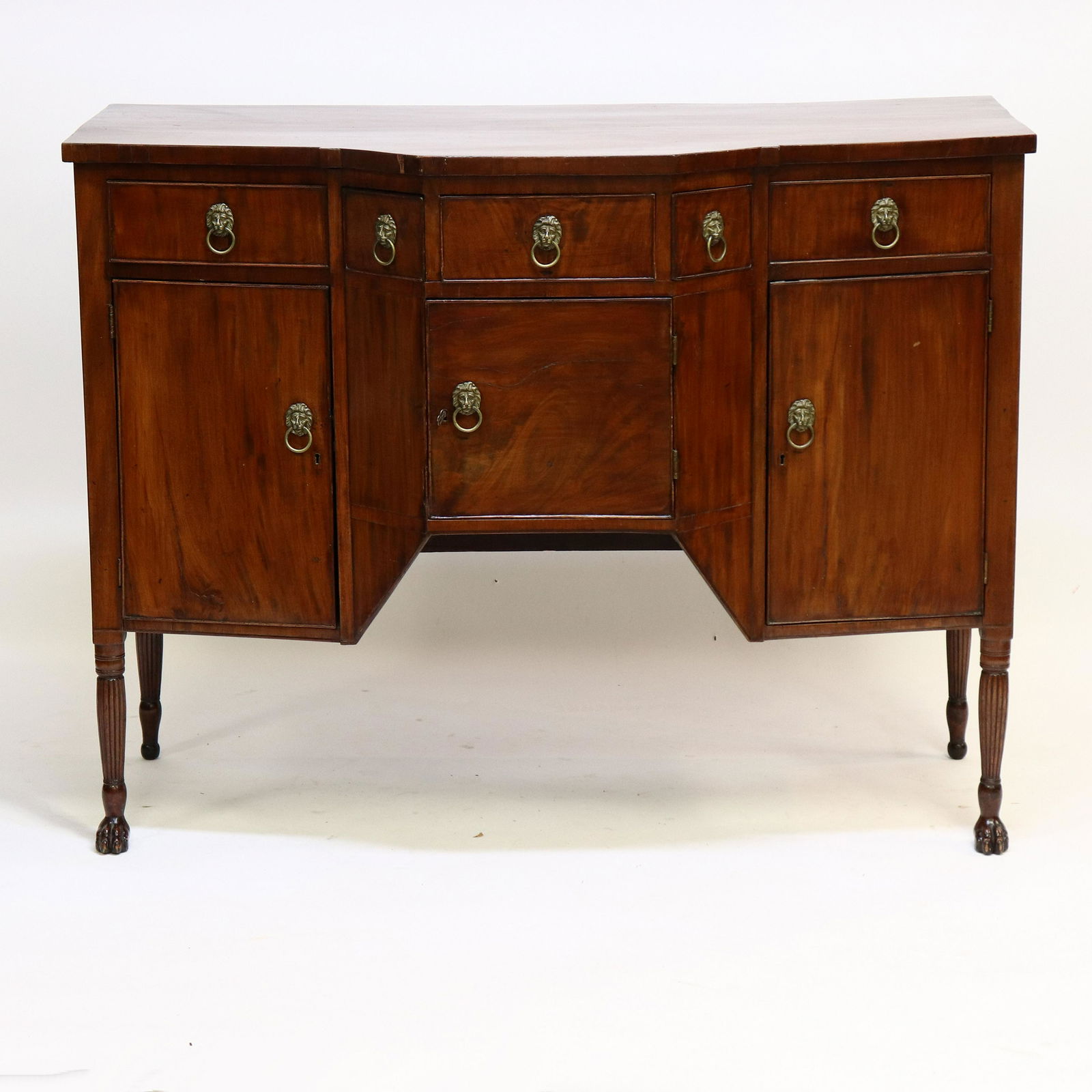 Attrib. Duncan Phyfe Mahogany Sideboard, c 1810: Attrib. Duncan Phyfe Federal Diminutive Mahogany Sideboard, C.1810, mahogany solids and veneers with cherry doors and poplar secondary, hardware likely later, center bay form of boxed form, reed carve