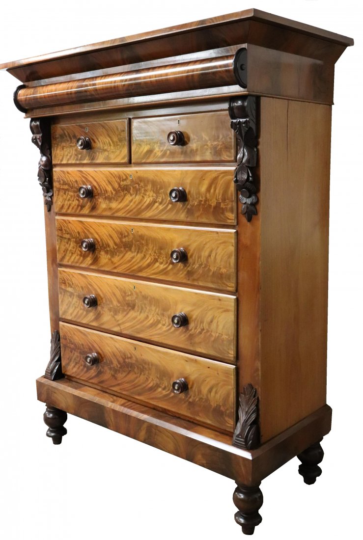 19th C. Am. Empire Flame Mahogany Highboy: 19th C. American Empire Flame Mahogany Highboy Chest of drawersNOTE: This lot is being reoffered due to non paying bidder Dr. Jorg Schwarzendrube of Waldshut-Tiengen, Germany. Dimensions: 70 3/4"H x 5