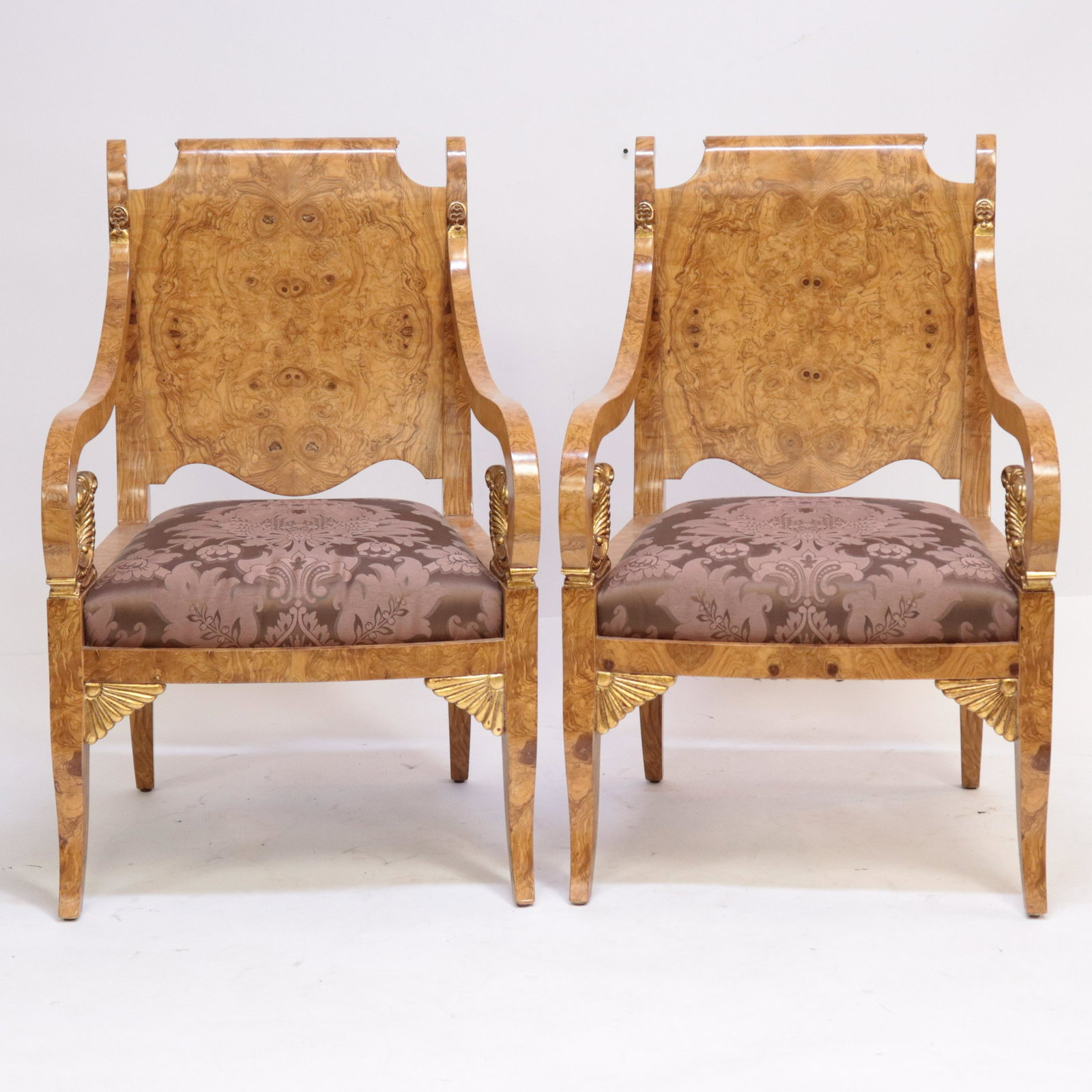 Russian Neo-Classic Style Karelian Armchairs: Pair of Russian Neo-Classic Style Parcel-Gilt Karelian Birch Armchairs Dimensions: 38.5 x 24.75 W Property from a New Jersey collection (NJBO264)(MS)