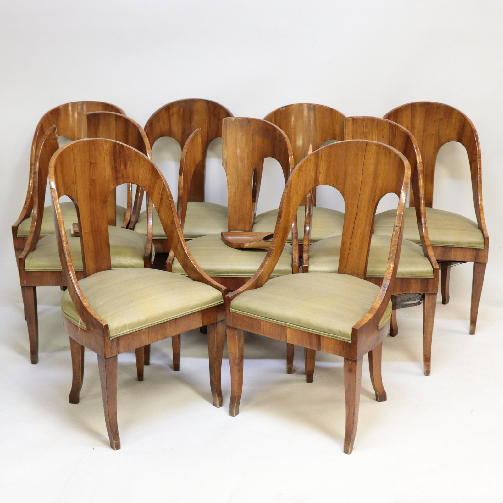 9 Late Biedermeier Fruitwood Dining Chairs, Late 1: Set of 9 Late Biedermeier Fruitwood Dining Chairs, Late 19th C. Dimensions: 36" H x 19 1/2" W Property from the Estate of Florence (1917-2018) and Judge David Edelstein (1910-2000). In 1951, President