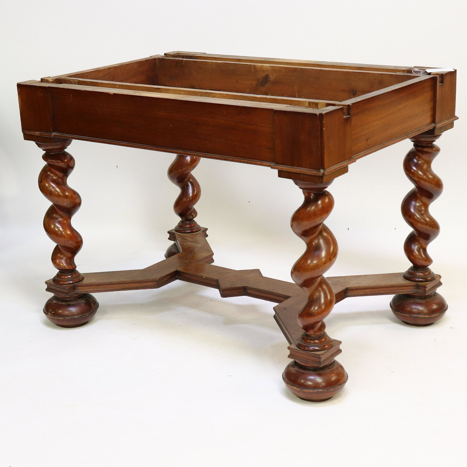 Continental 19th C. or Earlier Carved Table Base: Continental 19th C. or earlier Walnut Barley Twist Carved Library Table Base ONLY, geometric form Dimensions: 30 x 29 x 41 Property from a West Hartford, CT collection (MALM7231)(MM)
