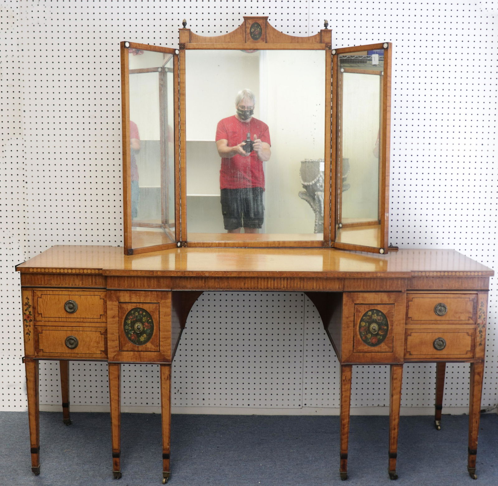 Vintage Hand Painted Vanity Dresser,c.1930: Vintage Hand Painted Wooden Vanity Dresser, c.1930 Dimensions: Base 31 x 66 x 21 1/2, Mirror 43 x 47 Property from a Roxbury, CT residence (JLOM7679)(MM)