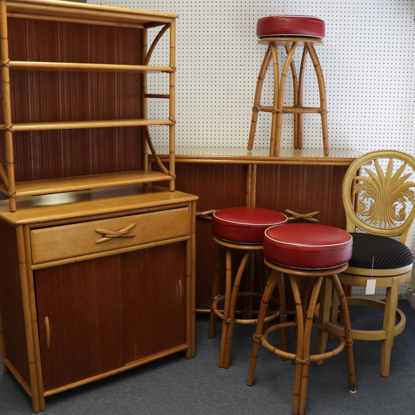 Heywood Wakefield Tiki Bar Furniture: Heywood Wakefield Tiki Bar Furniture Set, includes bar table, 3 barstools, 1 two piece backbar storage cabinet with upper shelf, all pieces marked along with one an associated beach themed swivel bars