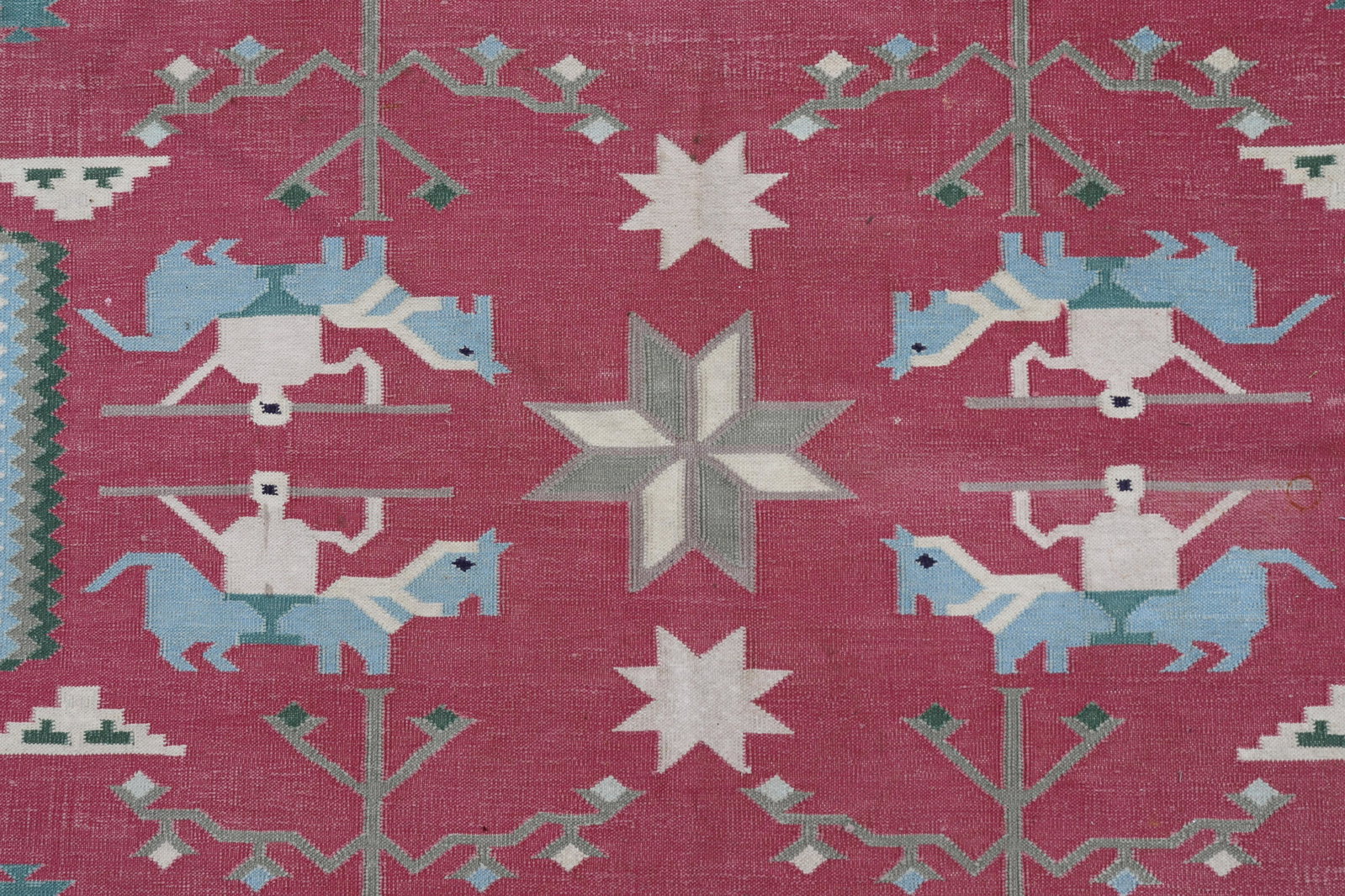 Hand Woven Indian Dhurry & Nepalese Rug - 8 x 9: Indian Dhurry Cotton Rug, hand woven, made in India, with geometric forms, animal motifs, dark blue ground with pale red, ivory and blue along with small Nepalese Wool Pile Rug with fish and lotus mot