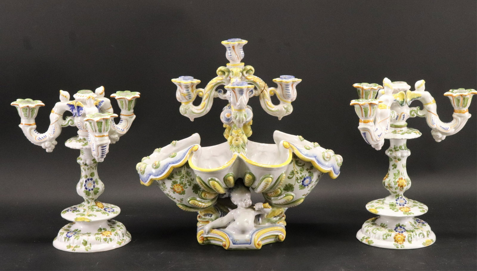 Ulisse Cantagalli Faince Majolica Centerpiece: Ulisse Cantagalli Large Faince Majolica Putti Table Centerpiece with flanking candelabra, along with a contemporary glazed ceramic 4 part vase and a reticulated ceramic basket made in Portugal, all pi