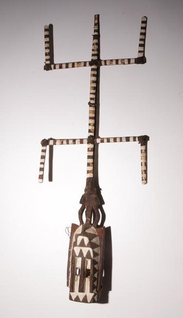 African Crocodile Form Wooden Mask, poss. Dogon: African Crocodile Form Wood Carved and Stripe Painted Mask, possibly Dogon Dimensions: 48 x 18 1/2 x 5 1/2 Property from a West Hartford, CT collection (MALM7789)(MM)