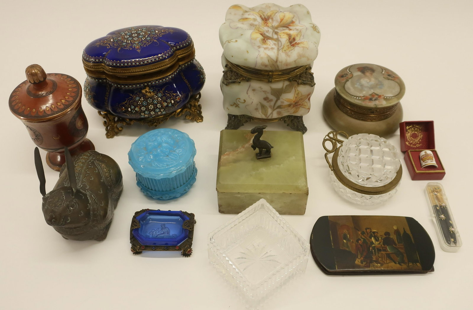 13 Boxes & Other Small Items: 13 Boxes & Other Small Items, includes: Wave Crest type dated 1898, blue glass open salt, 'jeweled' blue porcelain marked 'Tahan Fr De L'Empereur' and has key, lacquered papier mache eyeglass case Dim