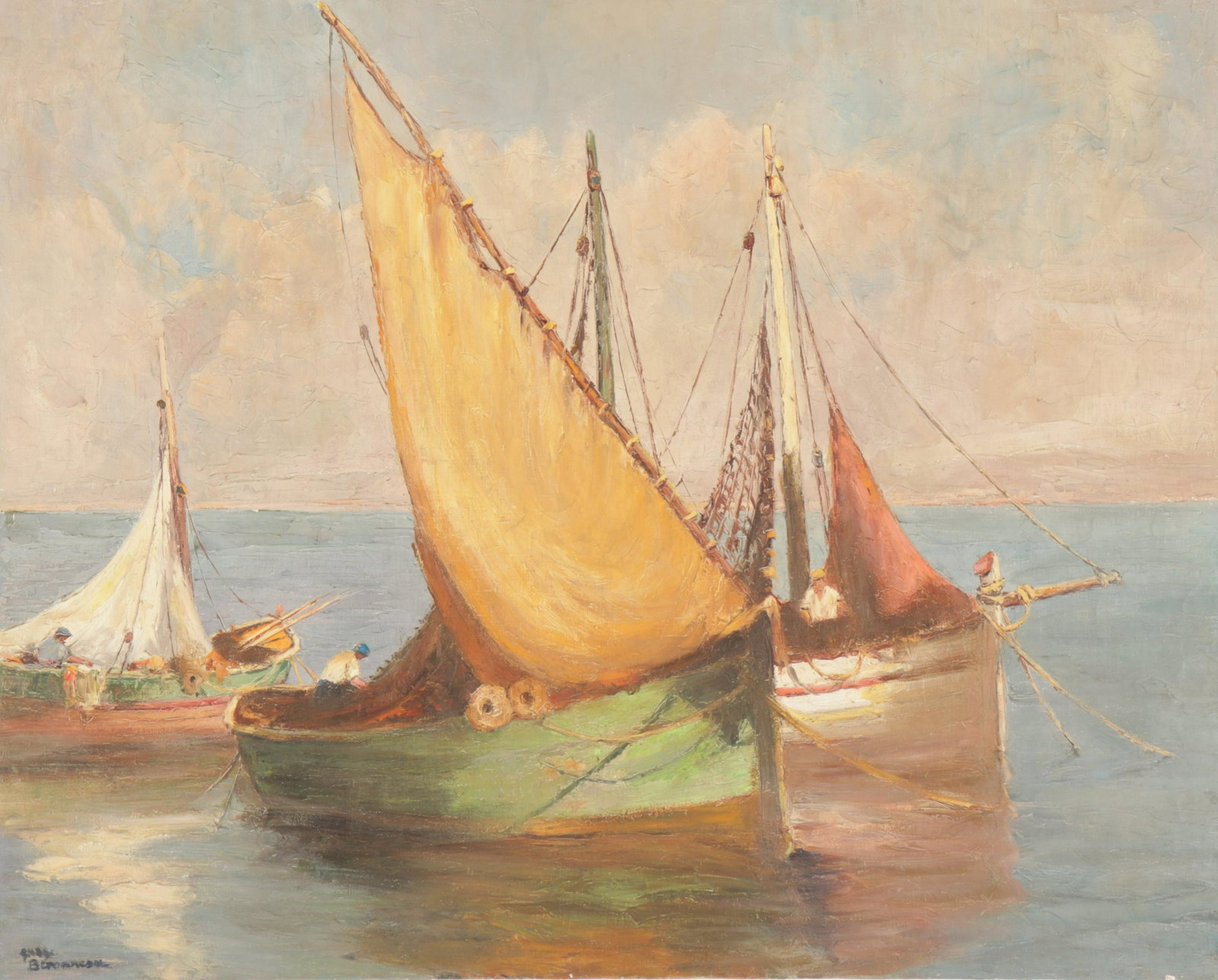 Andre Beronneau - St. Tropez Fishing Boats: Andre Beronneau (French, 1896 - 1973). Oil on canvas view of sailboats titled Bateaux de Peche Solfe de St. Tropez #181. Signed lower left. Signed and titled verso. Dimensions: 24 x 30" unframed Prope