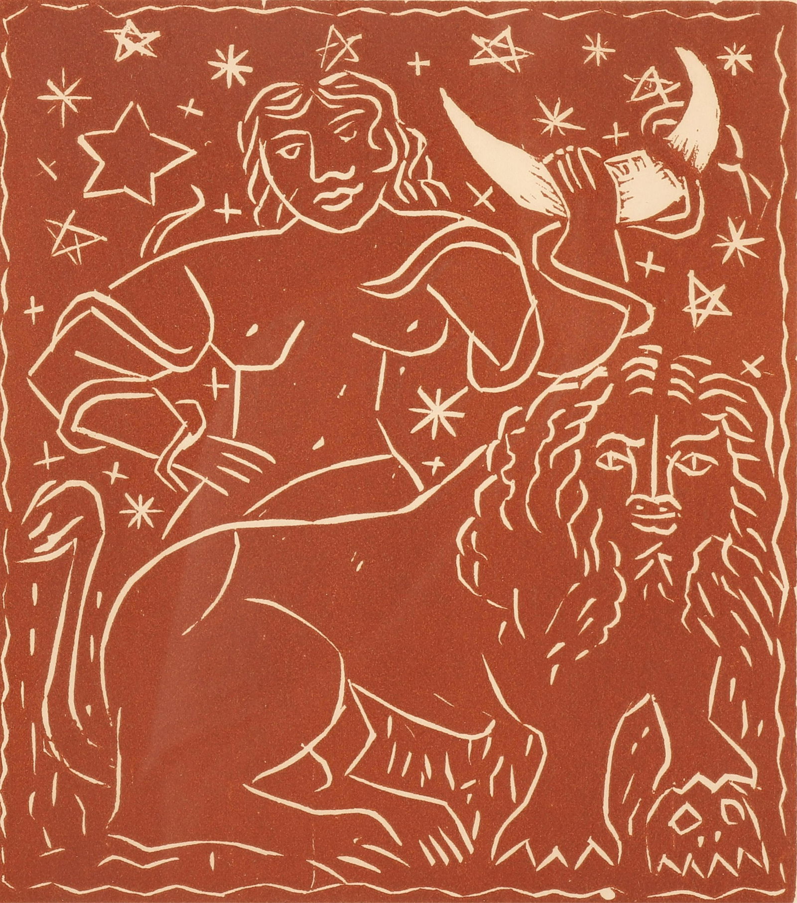 Andre Derain, 1880-1954, "Zodiac", Woodcut: Andre Derain, 1880-1954, "Zodiac", woodcut in red, stamp signature A. Derain in black ink Dimensions: 7 1/8" x 6 1/4", Frame 16 1/4" x 13 1/4" Property from the Estate of Florence (1917-2018) and Judg