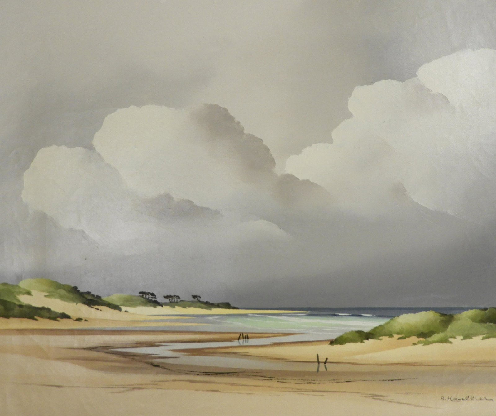 André Houllier - Arachon Beach Scene I: André Houllier (French, 1909 - 1975). Oil on canvas beach scene. Signed lower right. Signed and titled verso. Dimensions: 18 x 22" unstretched Property from a fourth generation gallery, NYC (HEAR743)