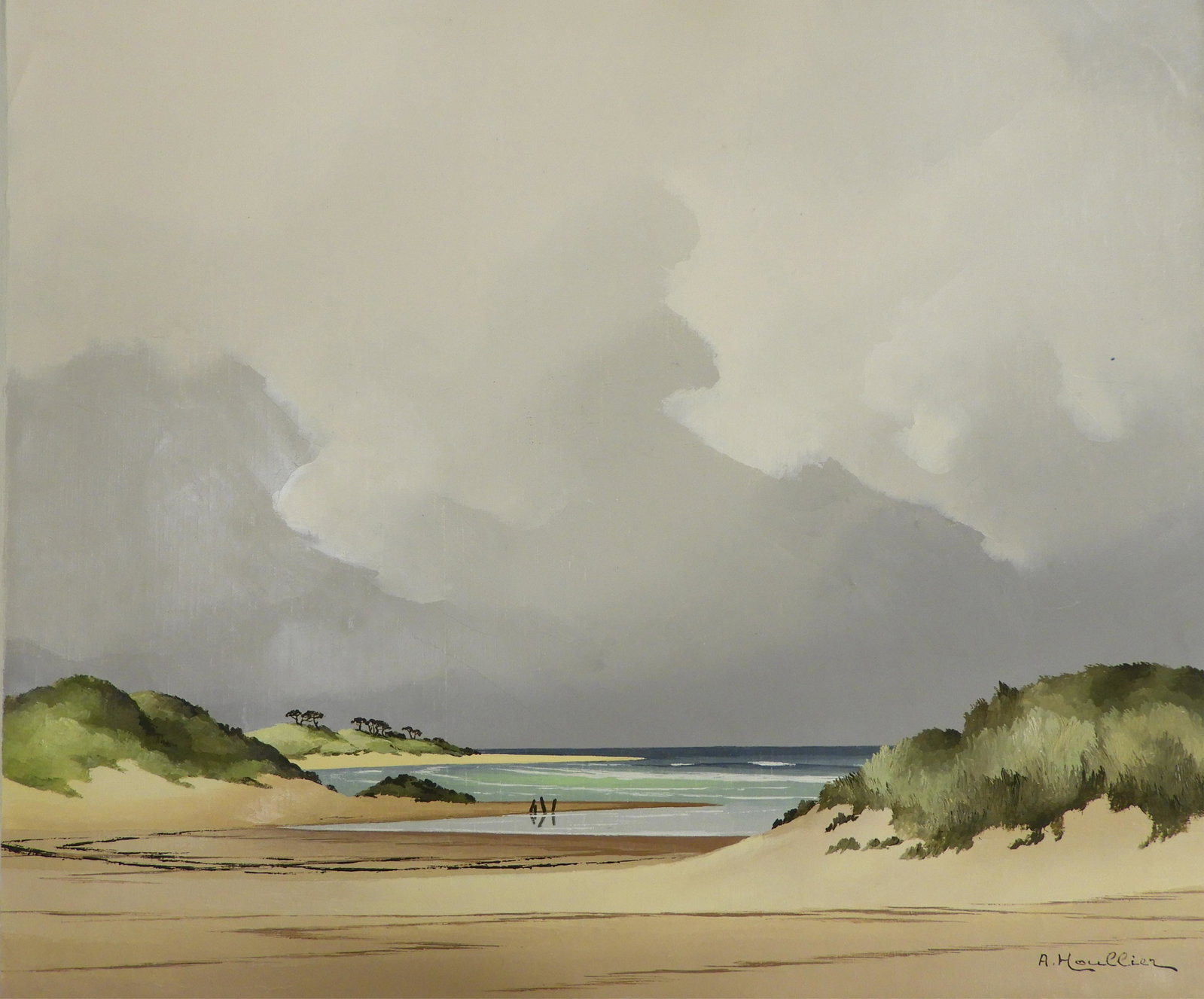 André Houllier - Arachon Beach Scene II: André Houllier (French, 1909 - 1975). Oil on canvas beach scene. Signed lower right. Signed and titled verso. Dimensions: 18 x 22" unstretched Property from a fourth generation gallery, NYC (HEAR744)