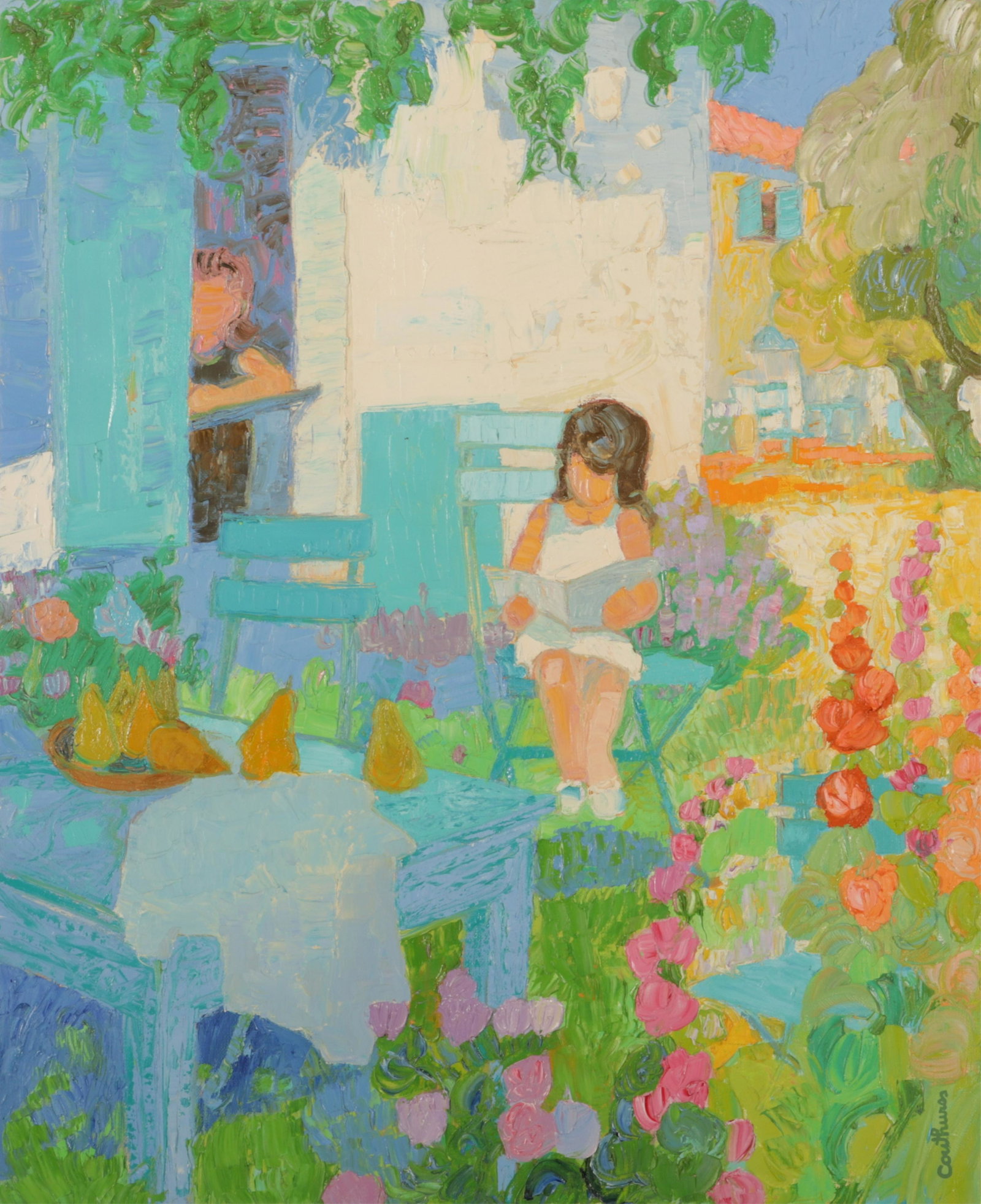 Daniel Couthures - Lecture au Jardin: Daniel Couthures (France, b. 1930) Lecture au Jardin - oil on canvas depicting young girl reading in garden. Signed lower right. Dimensions: 24 x 20" unstretched Property from a fourth generation gall