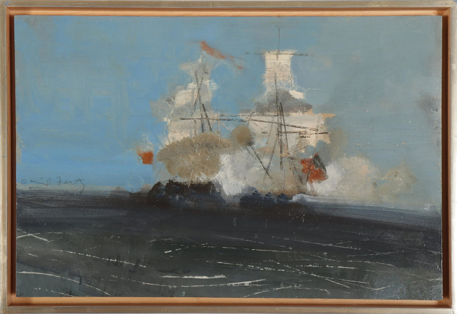 David Fertig - Nautical, Oil on Wood Panel: David Fertig (b. 1946) Oil on Wood Panel titled "The Frolic and the Wasp", dated '05. Signed in pencil mid-left horizon and signed, titled, info. label verso. Set into open wood frame. Dimensions: Pan