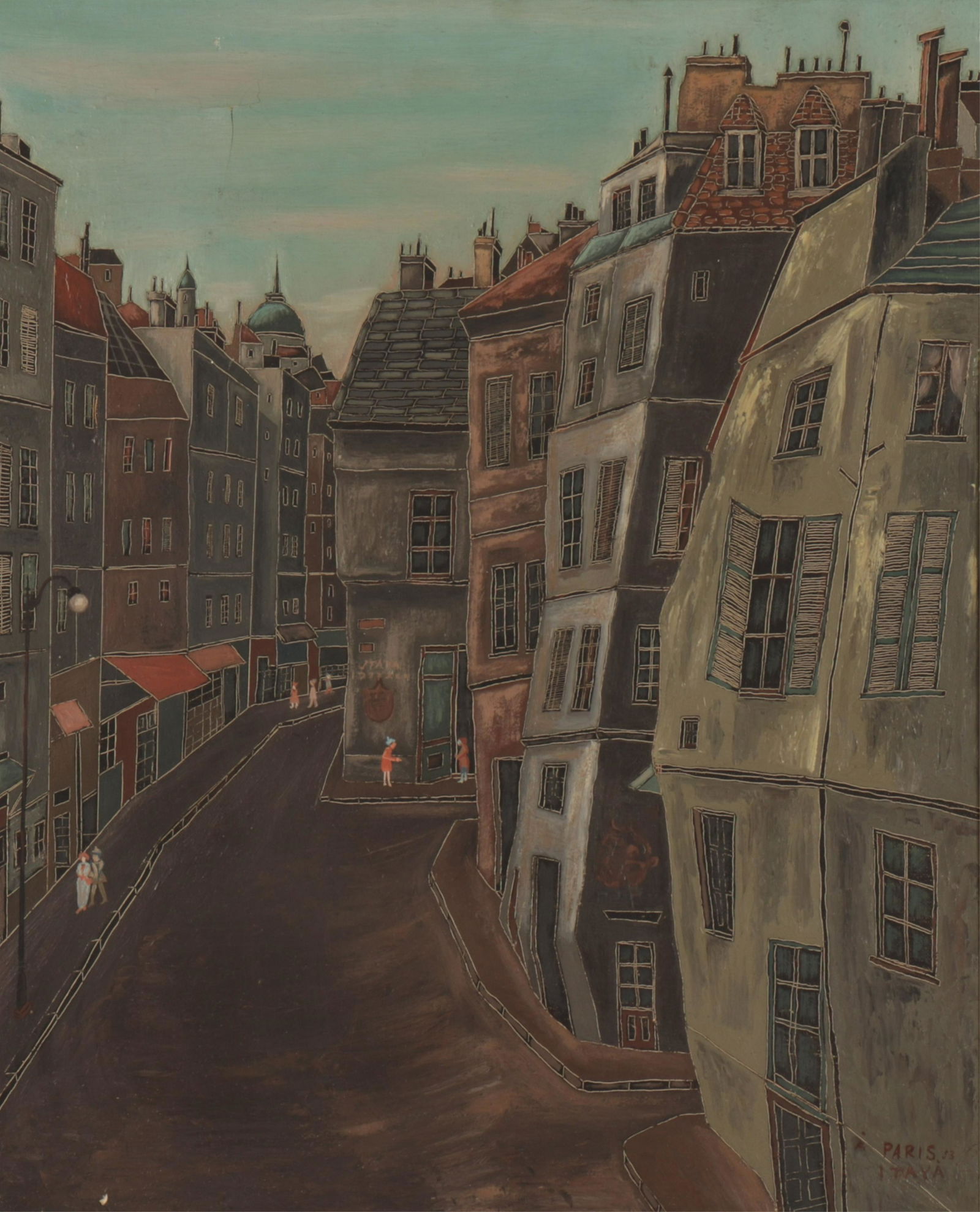 Foussa Itaya - View of Paris O/C: Foussa Itaya (French/Japanese, b. 1949)Oil on canvas. Outlining, details in incised/sgrafitto line work. Signed, titled, dated lower right. House of Heydenryck frame label verso. Dimensions: 21.5" x 1