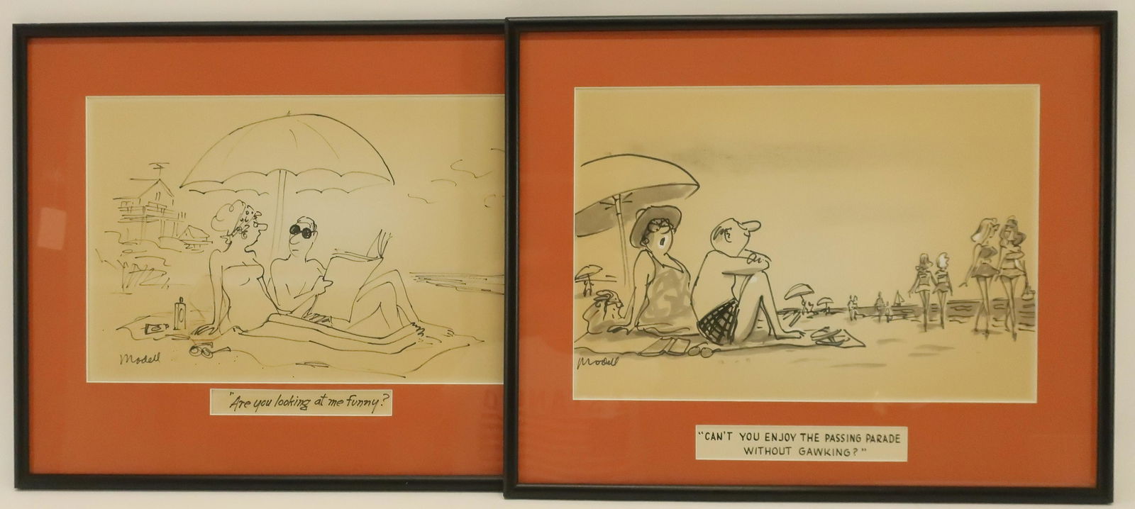 2 Frank Modell Cartoons, felt marker,wash: Franklyn Bruce "Frank" Modell, American, 1917-2016, "ARE YOU LOOKING AT ME FUNNY" 1980 and "CANT YOU ENJOY THE PASSING PARADE WITHOUT WALKING" 1984.,cartoons for The New Yorker Magazine, Inc.,felt mar