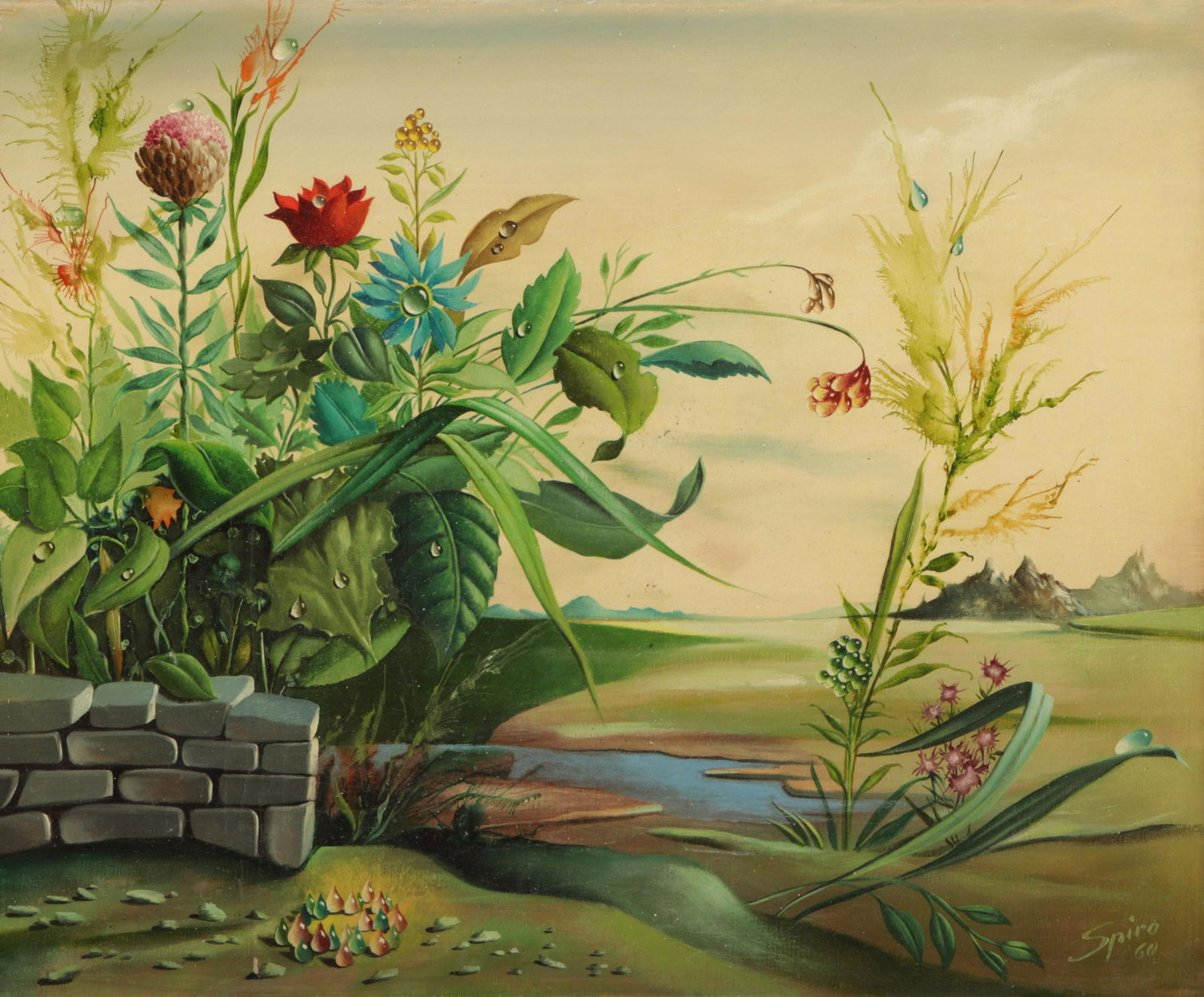 Georges Spiro - Surrealistic Garden: Georges Spiro (Polish, 1909 - 1994). Surrealistic Garden, oil on canvas painting. Signed lower right, dated (19)60. Dimensions: 15 x 18" unstretched Property from a fourth generation gallery, NYC (HEA