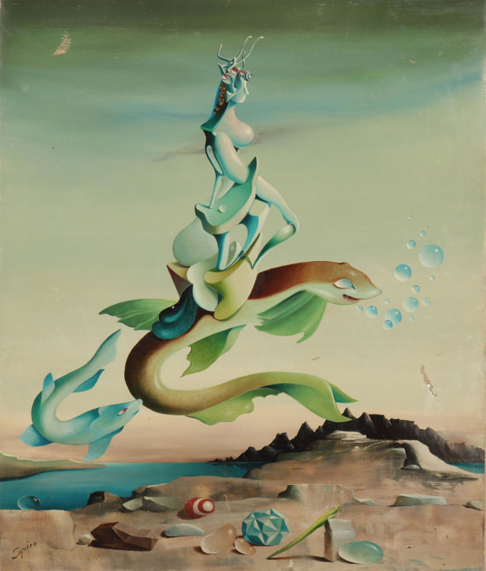 Georges Spiro - Surrealistic Mermaid: Georges Spiro (Polish, 1909 - 1994). Surrealistic Mermaid, oil on canvas painting. Signed lower left. Dimensions: 22 x 18" unstretched Property from a fourth generation gallery, NYC (HEAR734)(EL)