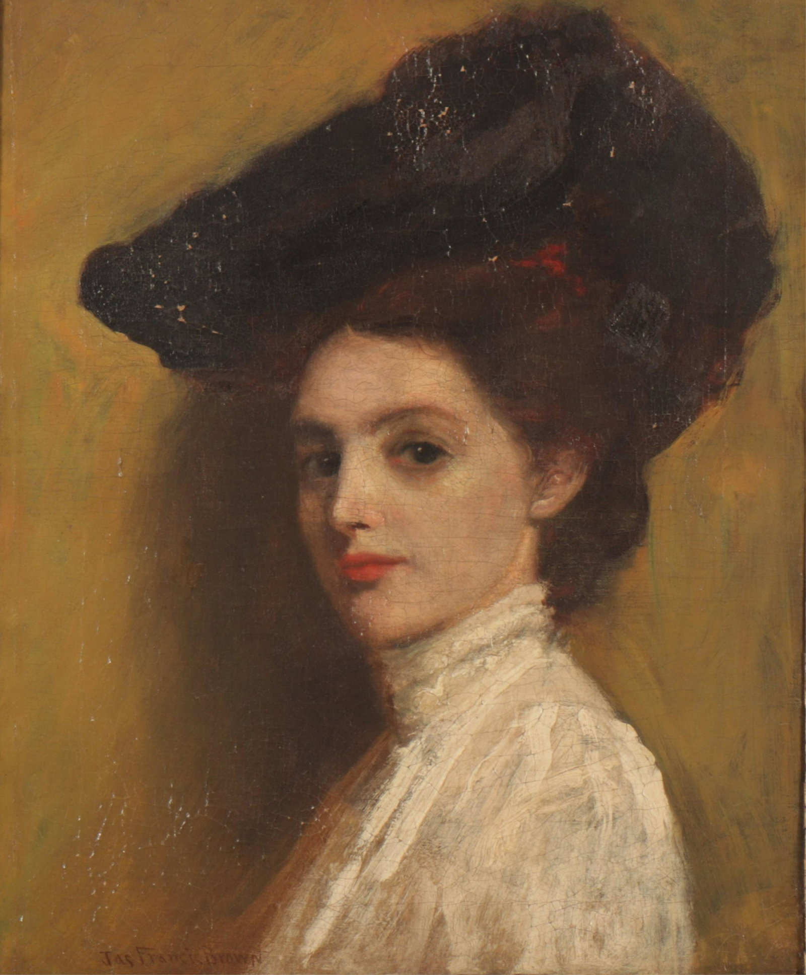 James Francis Brown - Portrait O/C: James Francis Brown (American, 1862 - 1935) Portrait of artists wife, circa 1900. Signed lower left. Great frame-deeply moulded and carved with antiqued finish. 1979 conservation report available. Dim