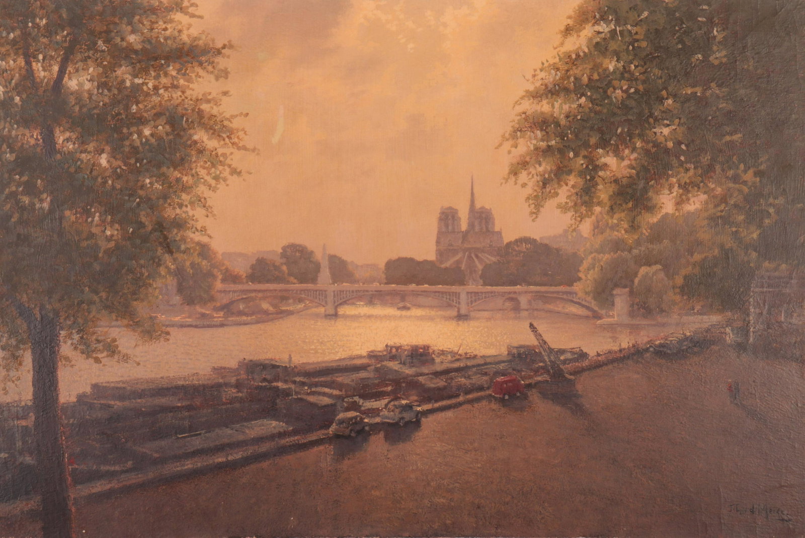 JL van der Meide - Sunset View of Notre Dame: Jacobus Leonardus van der Meide (Dutch, 1910 - 1987) Oil on canvas view of Notre Dame. Signed lower right. Dimensions: 24 x 36" unframed Property from a fourth generation gallery, NYC (HEAR708)(EL)