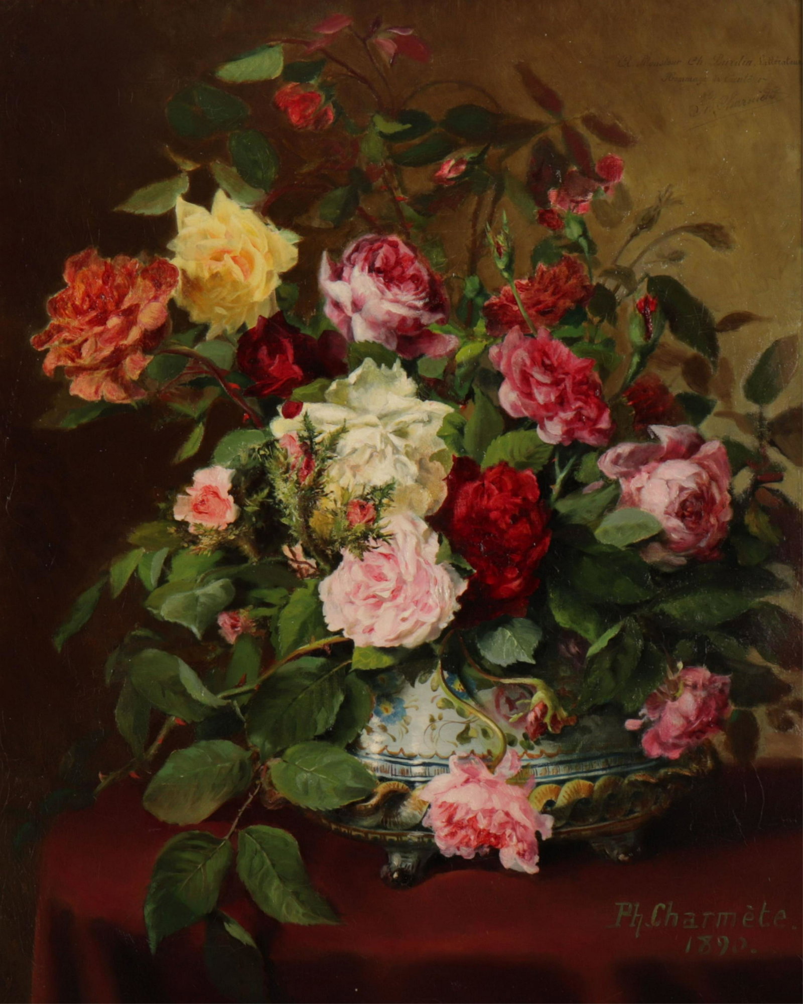 Ph. Charmete - Still Life Pink & Red Roses: Ph. Charmete, 20th C., "Still Life Pink & Red Roses", Oil on Canvas, signed and dated 1890 lower right, inscribed upper right A Monsieur Ch. Burdin, Litterateur, Hommage de l'Autear Ph. Charmete Dimen