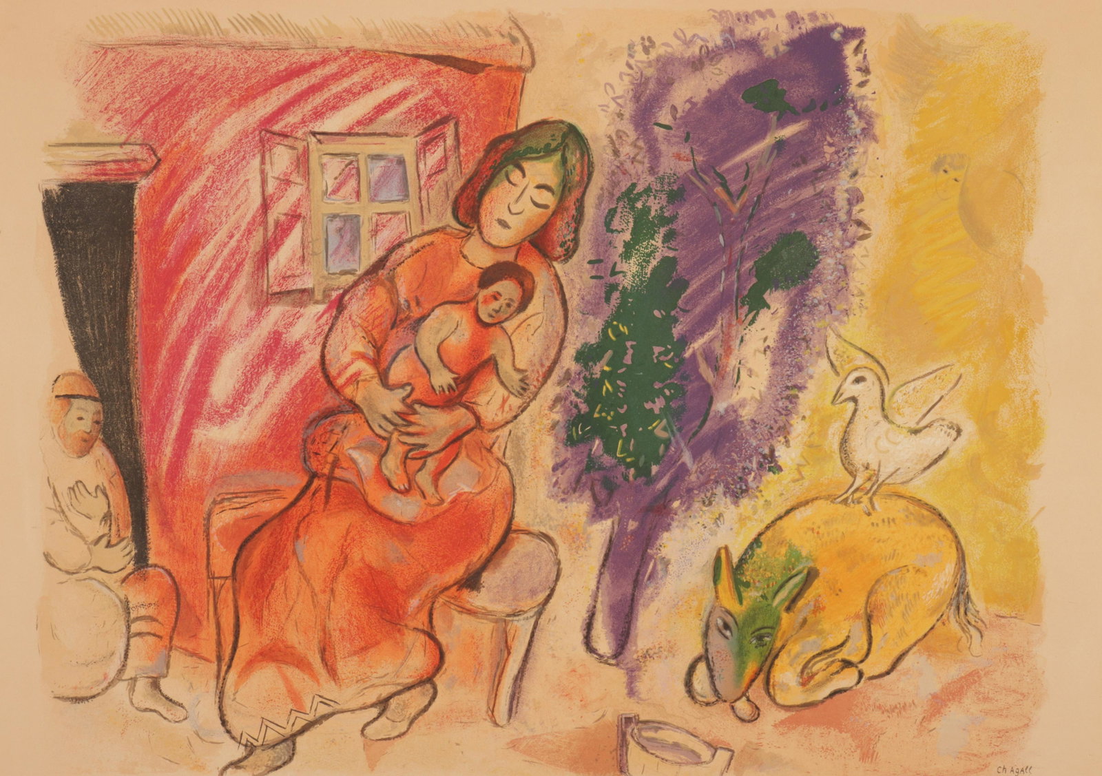 Chagall, Maternity, litho in 17th C. Italian Frame: Marc Chagall, Fr., 1887-1985, color lithograph, 1954 framed in an Late 17th-Early 18th C. Emilian Giltwood Carved Frame, floral and leaf carved Dimensions: Image 20 x 26, frame 39 1/2 x 46 1/2, frame 