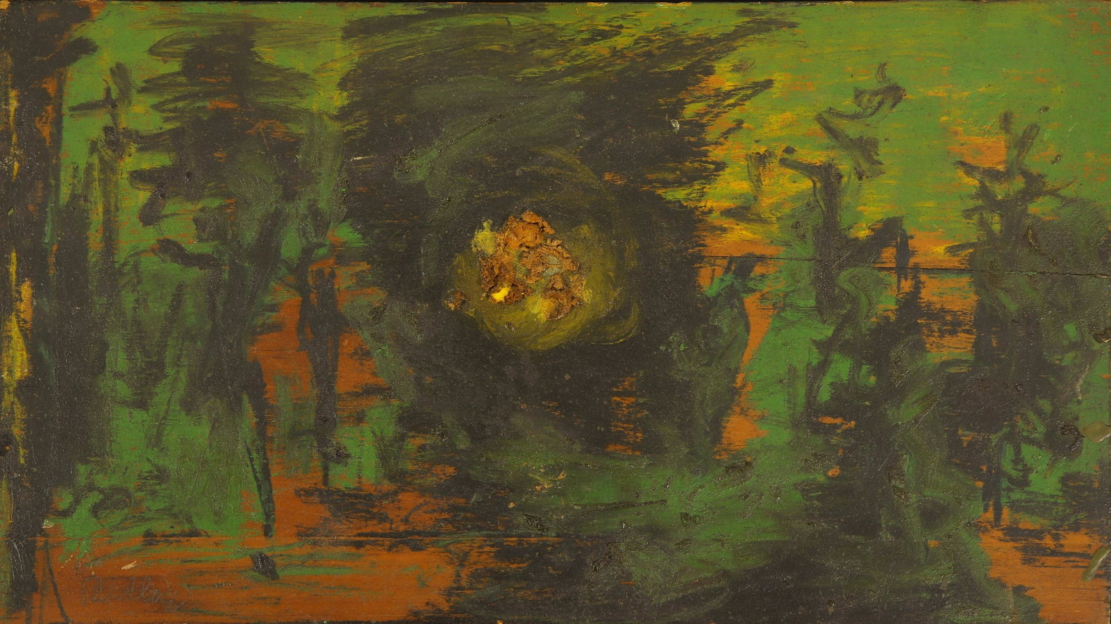 Am. Sch., 20th C., Abstract Sunset, signed Rudloe: paint on board, inscribed lower left Dimensions: 6 3/4 x 12, framed 10 x 15 1/2 Property from a Pawling New York Home (USPR6414)(MM)