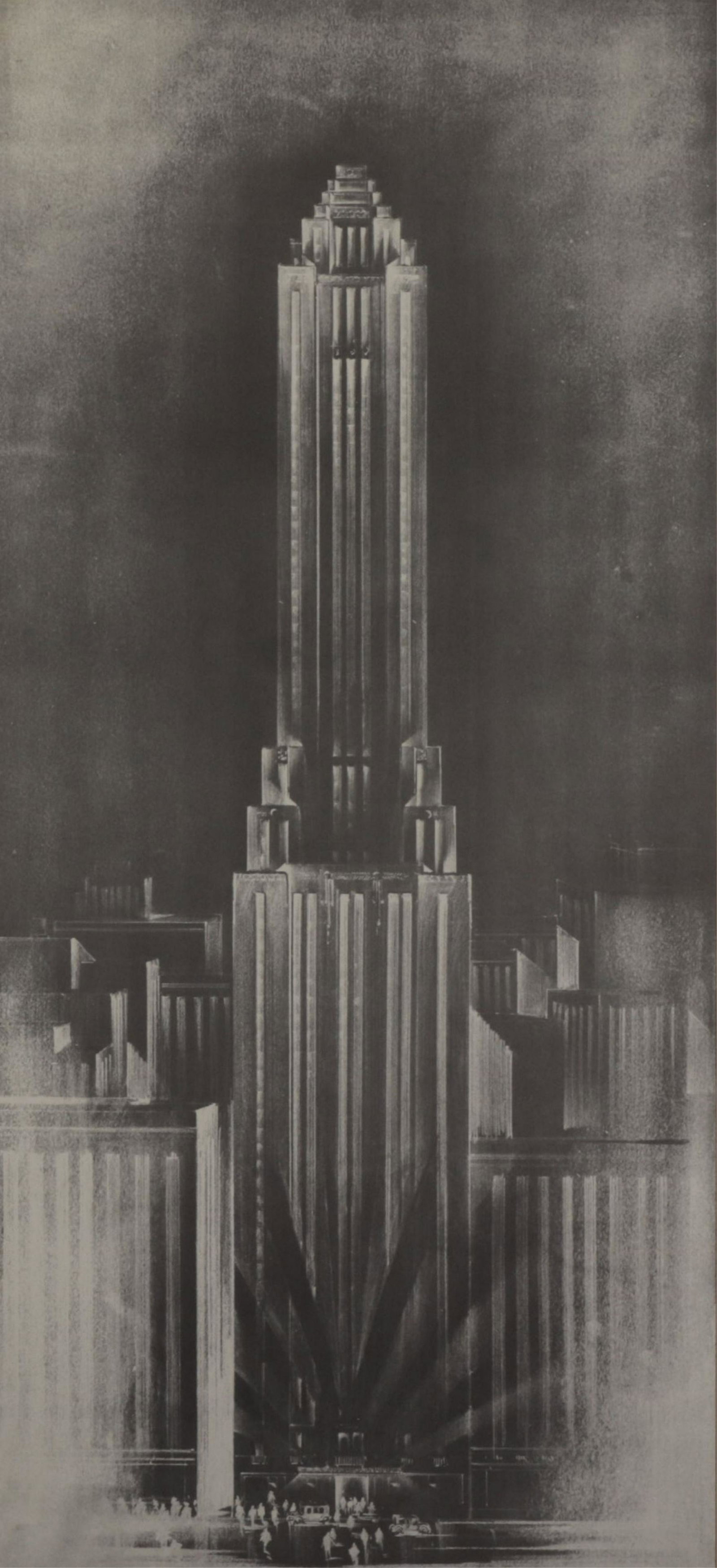 Chicago Historical Society Art Deco Styled Poster: Holabird & Roche-Holabird & Root The First Two Generations Nov. 1980 to March 1981 Exhibition Poster. Poster by Karen Kohn. Faux bamboo moulding with antiqued finish frame. Dimensions: 38" x 17.5 Prop