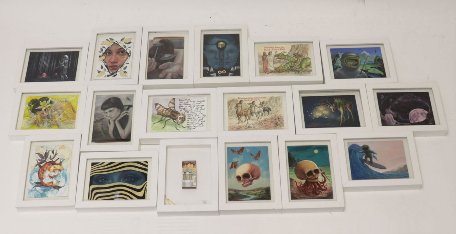 18 Works, all identical frames: 18 Works, all in identical frames of the same size, artists include: Amardalyan, Chris Leib, Sandra Yagi, Steve Ransom, Adam Ziskie, John Walker, Johnie Thornton and others, various mediums, 12 signed