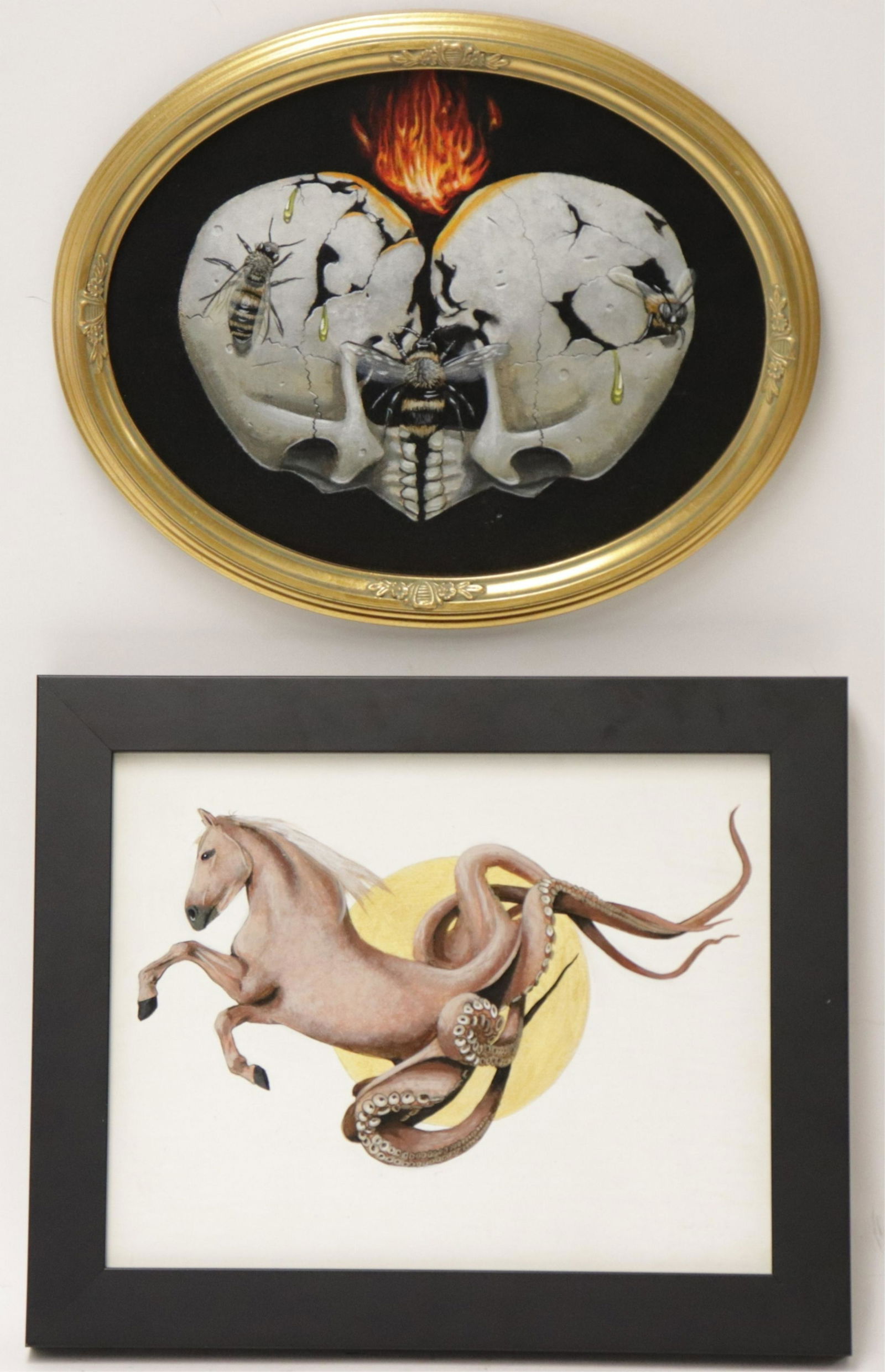 Bowen, 2 Oil on Canvas Paintings: Bowen, "Hippocamp", Acrylic & Gold Leaf on Masonite, and "You Don't Know What You Got Til It Gone", Oil on Canvas, each signed verso Dimensions: Frames 13 3/4" x 16 3/4" and 12 1/2" x 15 3/4" Tondo Pr