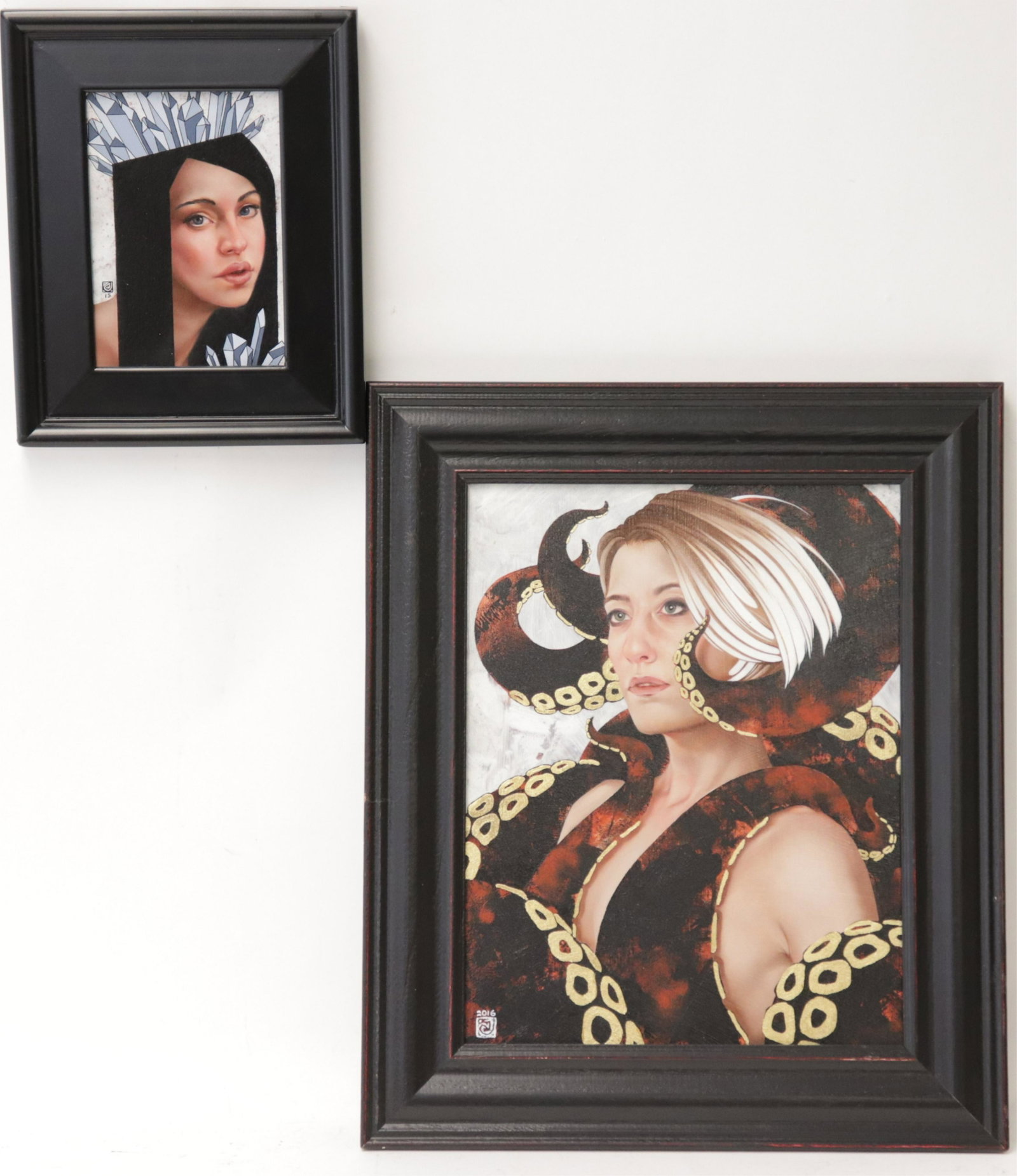 Carly Janine Mazur - Cynthia & On My Mind: Carly Janine Mazur, "Cynthia" and "On My Mind", Oil, Acrylic and Gold Leaf on Panel, Mazurs signed with monogram and dated lower left, gallery label verso Dimensions: Frames 18" x 16" and 10 1/4" x 8 