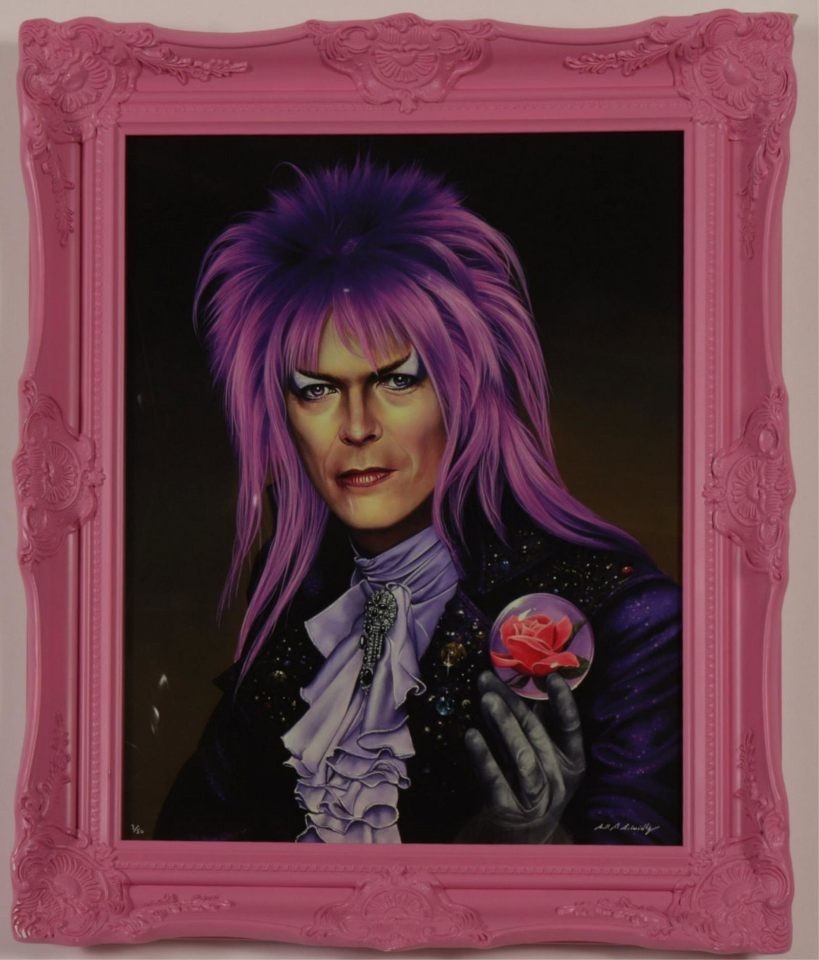 Scott Scheidly, "The Goblin King" (David Bowie): Scott Scheidly, "The Goblin King" (David Bowie from the Labyrinth Movie 1986), color lithograph 3/50, signed and numbered Dimensions: Frame 25" x 21" Property from the collection of Keryn Redstone (KE